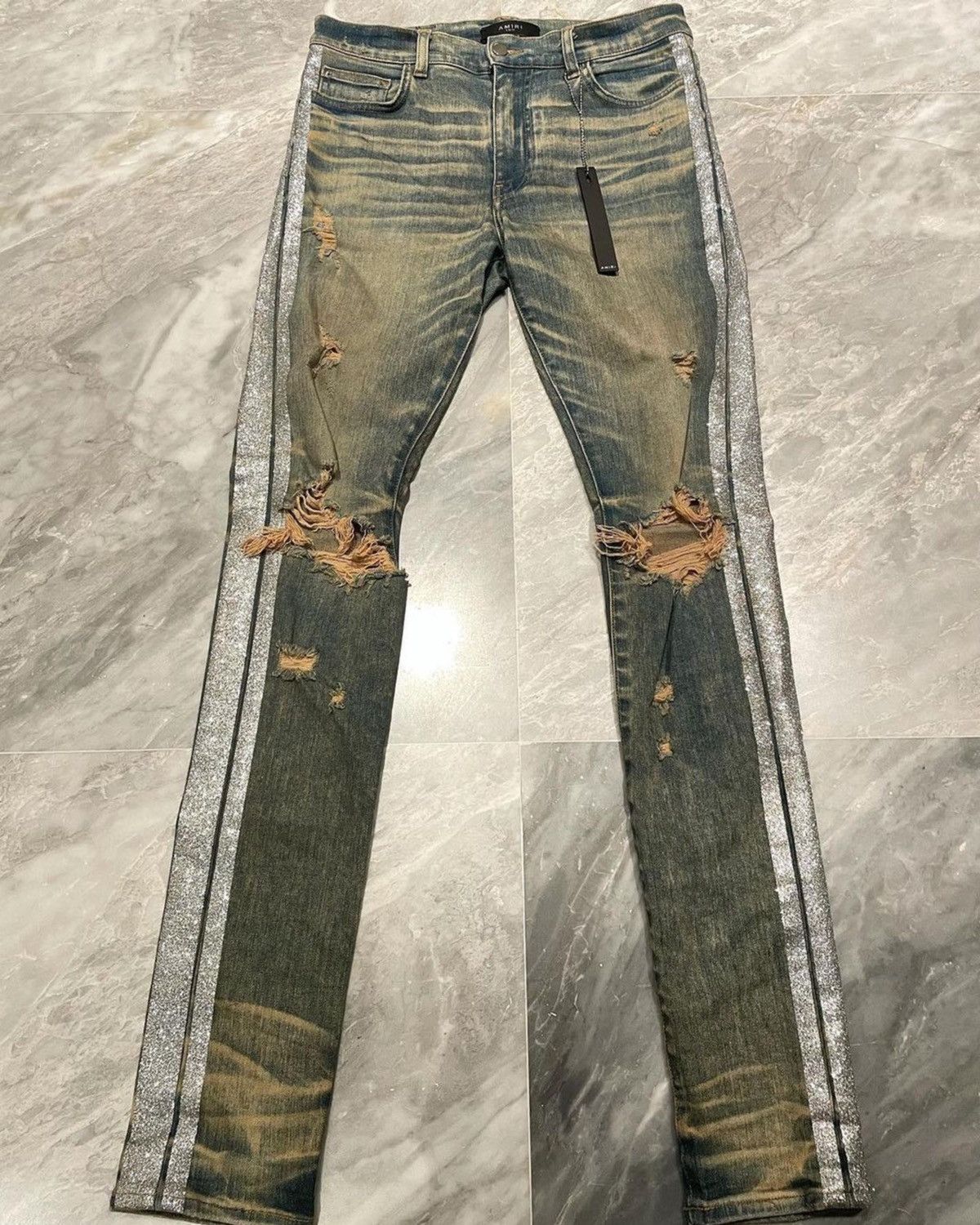image of Amiri Dirty Indigo Glitter Track Jeans in Blue, Men's (Size 32)