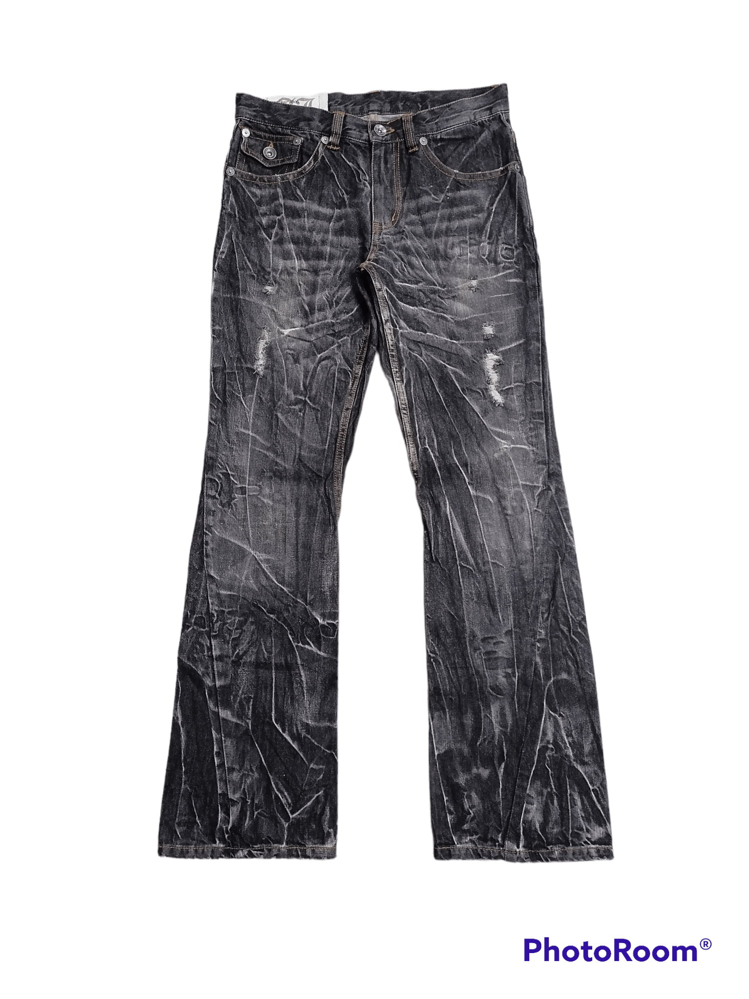 Image of Vintage Flare Jeans Antfui Claw Mark Lightning Distressed Denim Pant in Black, Men's (Size 31)