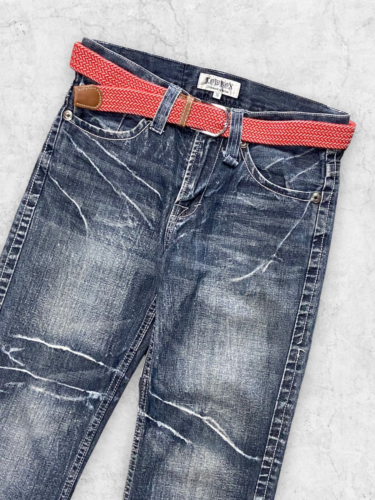 Vintage Low Box Japan Distressed Denim Pants With Belt