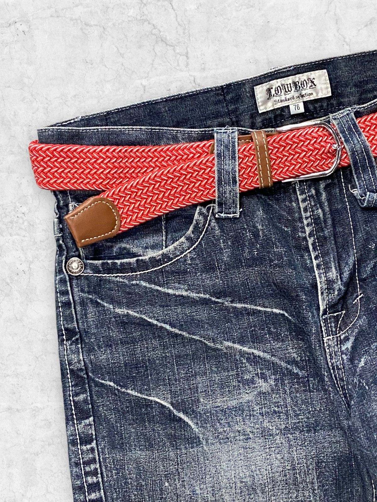 Vintage Low Box Japan Distressed Denim Pants With Belt