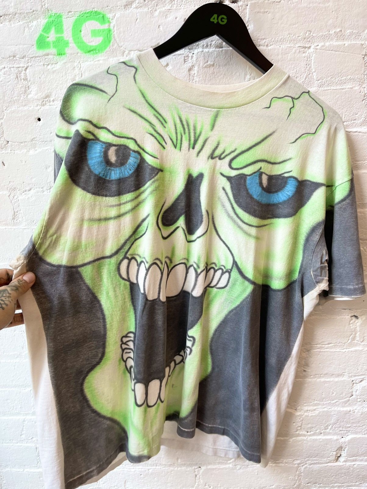 Vintage Vintage 90s HUGE SKULL MONSTER Neon Lime Green Shirt Custom Size US XL / EU 56 / 4 - 1 Thumbnail