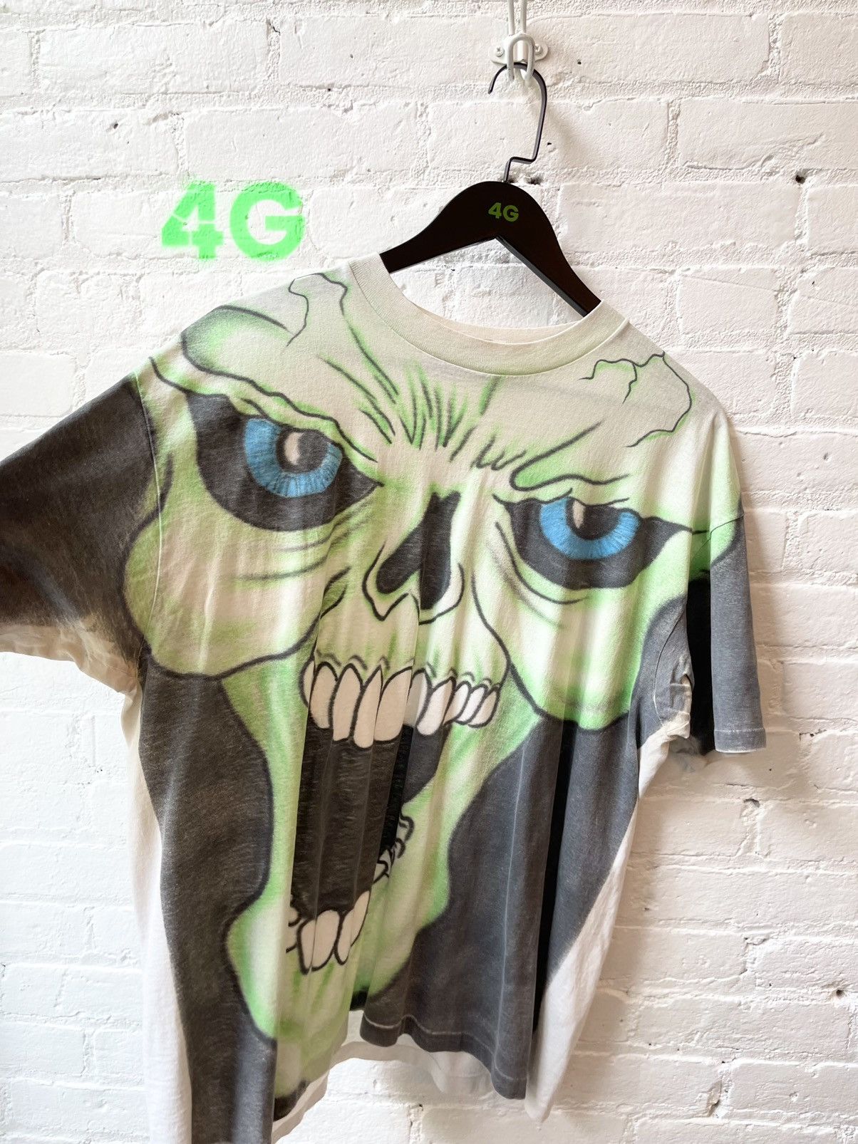 Vintage Vintage 90s HUGE SKULL MONSTER Neon Lime Green Shirt Custom Size US XL / EU 56 / 4 - 2 Thumbnail