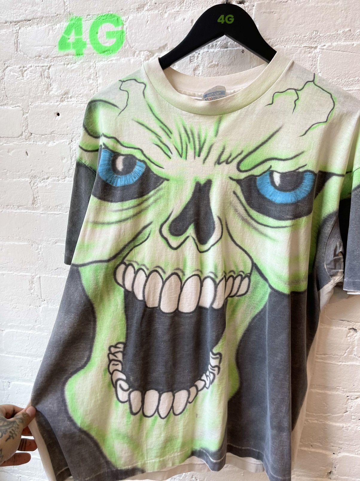 Vintage Vintage 90s HUGE SKULL MONSTER Neon Lime Green Shirt Custom Size US XL / EU 56 / 4 - 7 Thumbnail