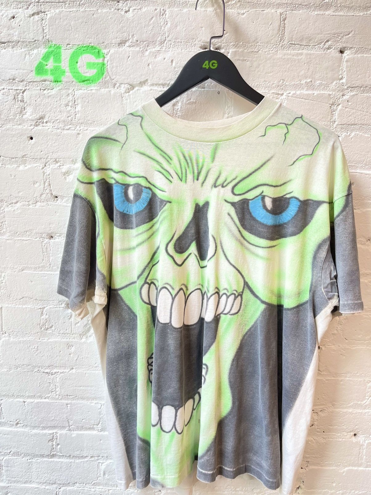 Vintage Vintage 90s HUGE SKULL MONSTER Neon Lime Green Shirt Custom Size US XL / EU 56 / 4 - 3 Thumbnail
