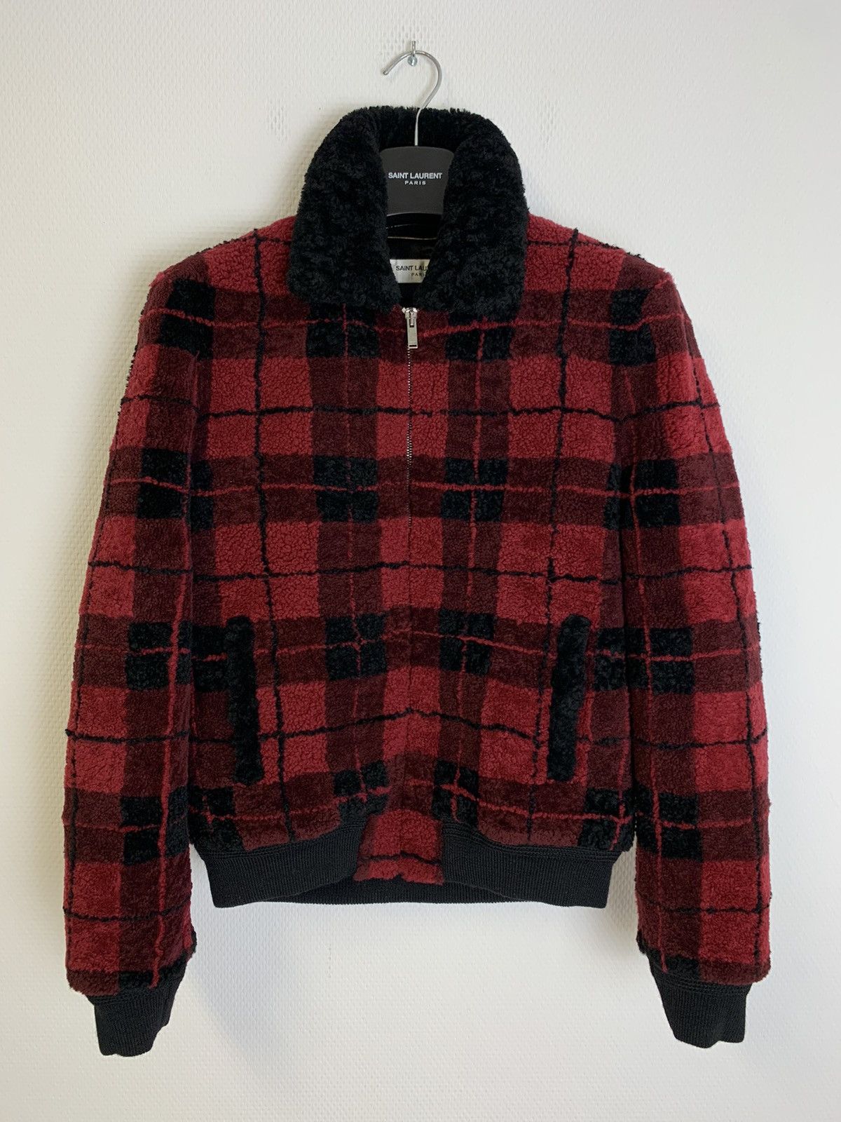 Image of Saint Laurent Paris Fw2019 Sample Shearling Plaid Jacket Red, Men's (Size Small)