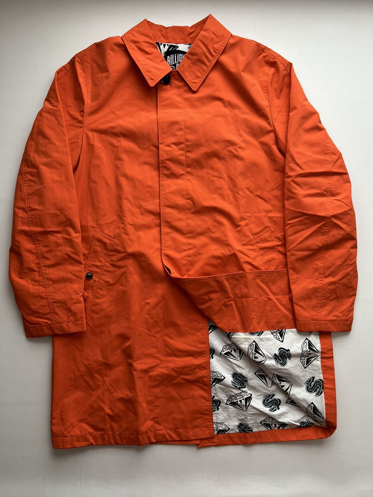 image of Billionaire Boys Club Season 3 Diamonds & Dollars Lined Mackintosh Car Coat in Orange (Size Large)