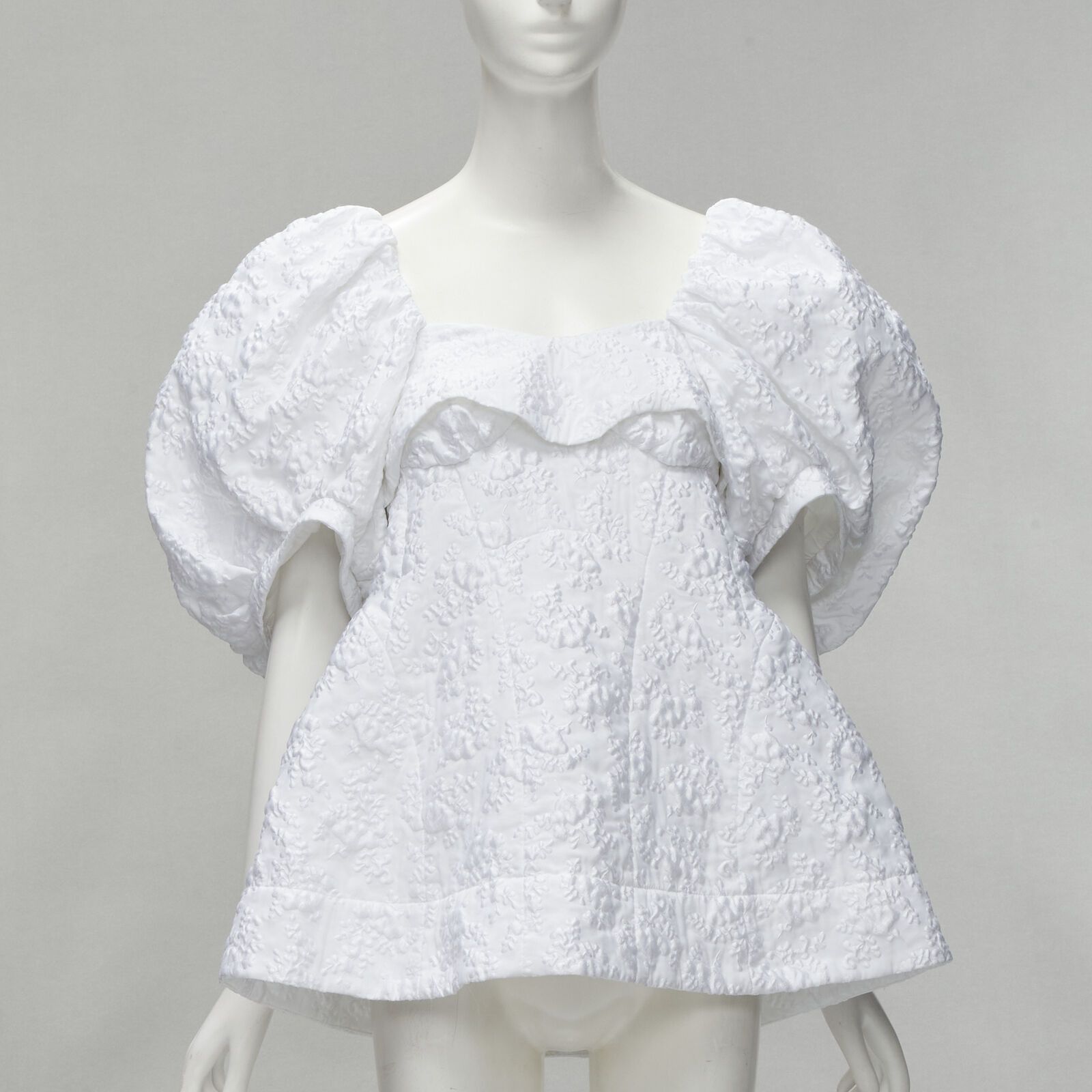 image of Simone Rocha Simone Roche White Floral Cloque Victorian Puff Sleeve Flared Top Uk6 S, Women's (Size