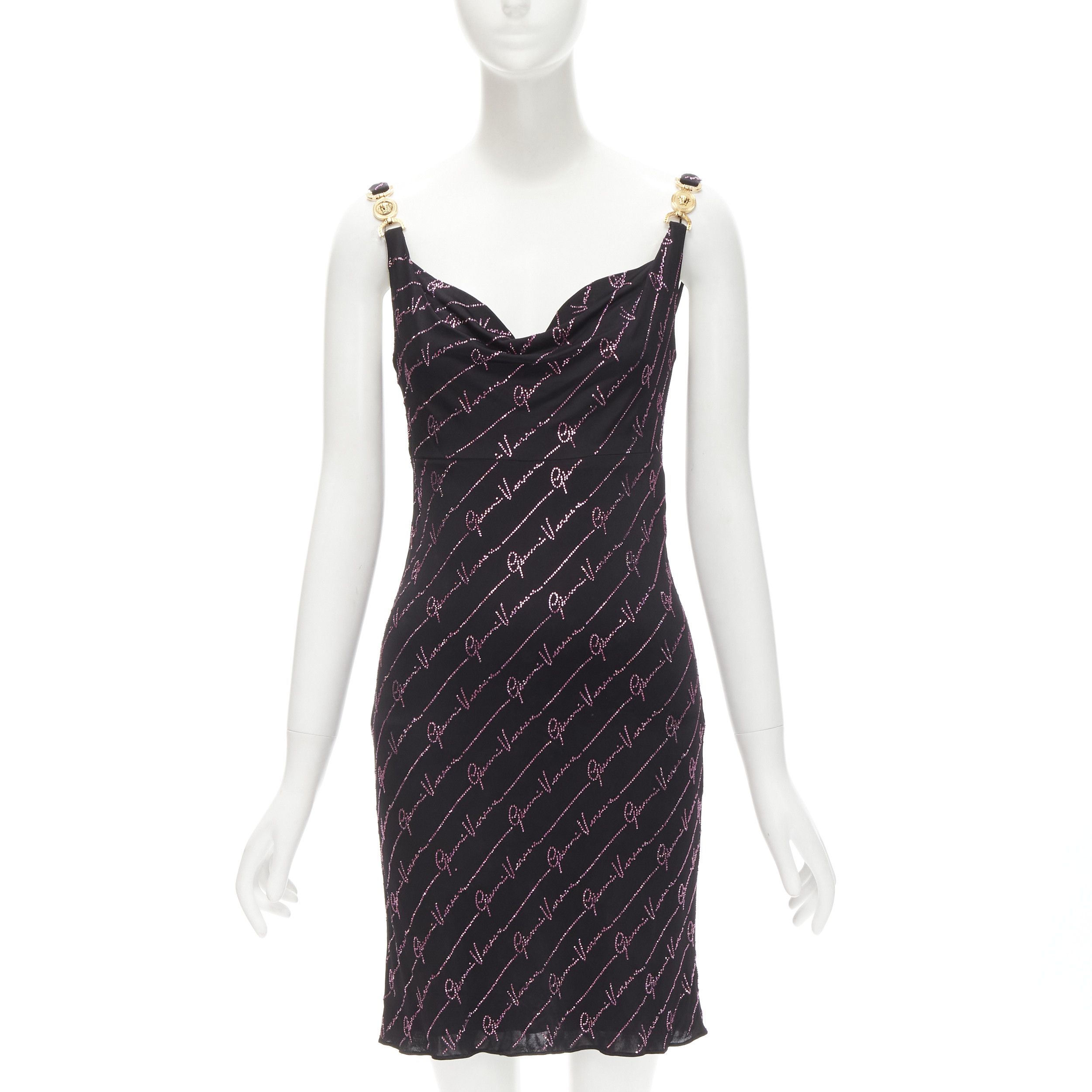 Image of New Versace Gianni Signature Black Pink Crystal Encrusted Medusa Dress It40 S, Women's (Size Small)