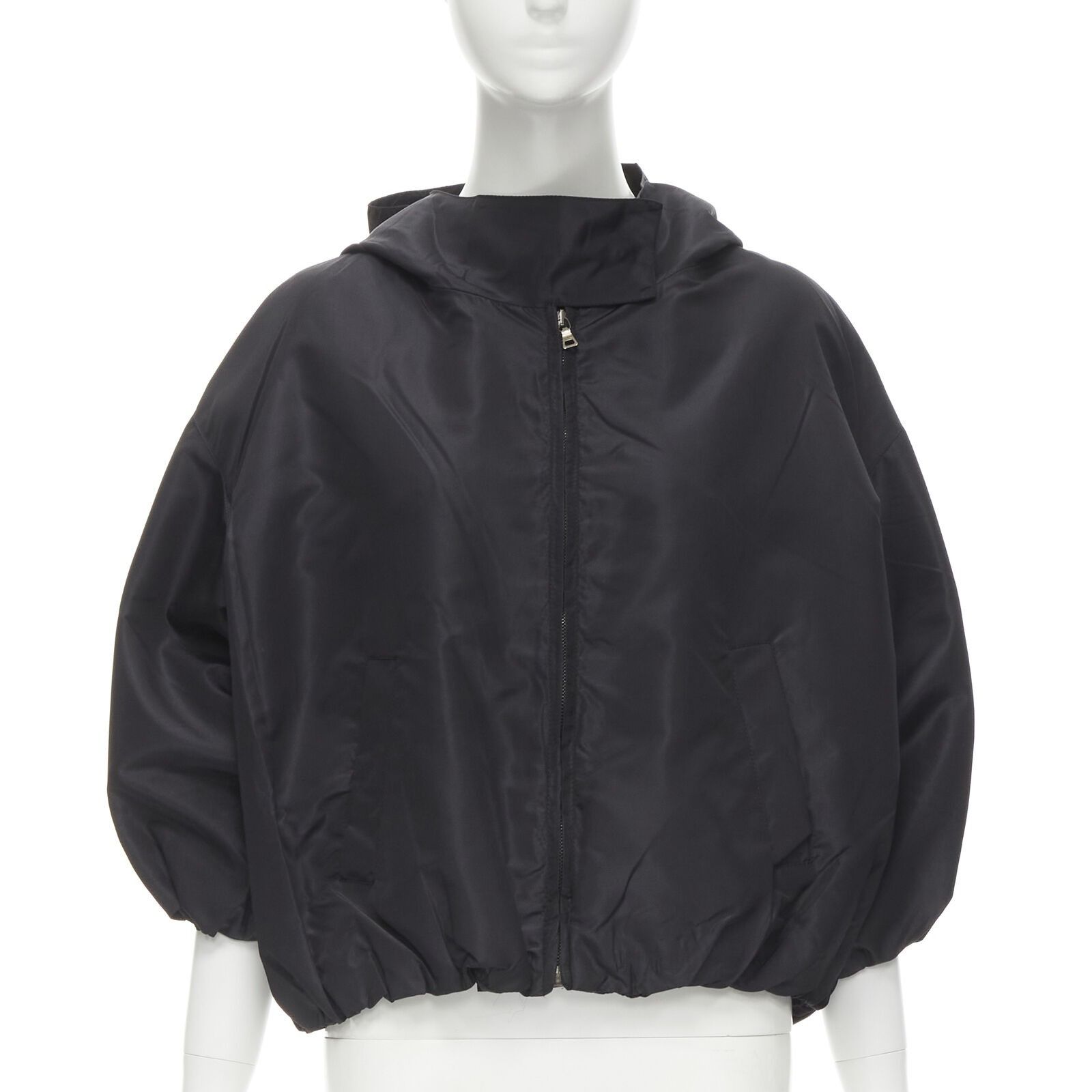 image of Prada Vintage 2006 Black Silk Taffeta Rounded Bubble Cut Hooded Jacket It40 S, Women's (Size Small)