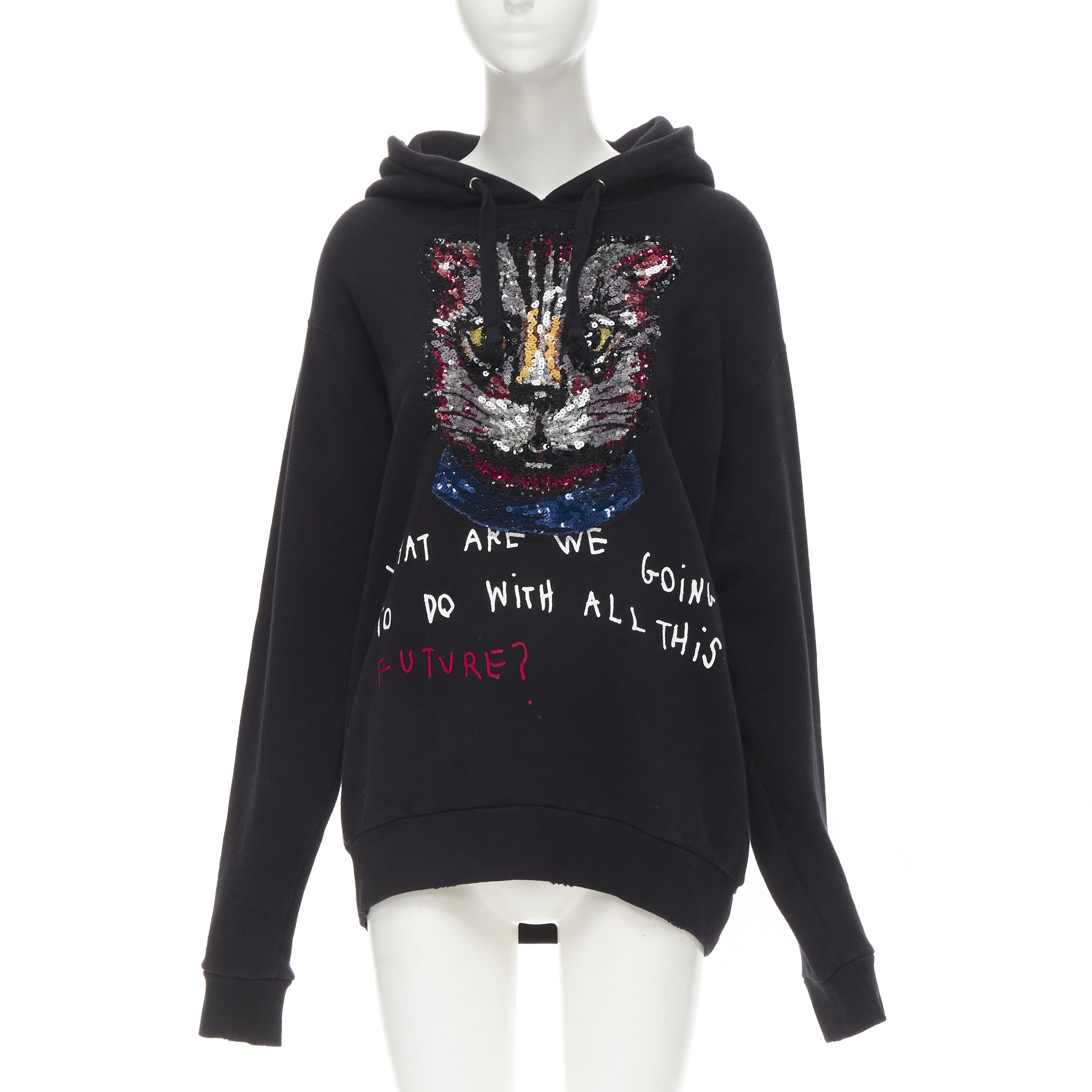 Image of Gucci Cat Sequins Future Print Black Cotton Oversized Hoodie S, Women's (Size Small)