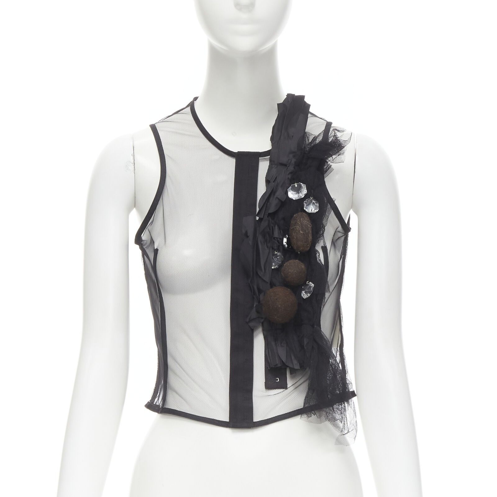 image of Comme Des Garcons 2004 Black Sheer Net Mesh Jewel Embellishment Ruffle Vest S, Women's (Size Small)