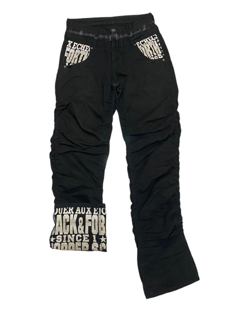 image of Distressed Denim x Undercover Inspired Double Waist Curved Design Denim Pants in Black (Size 30)