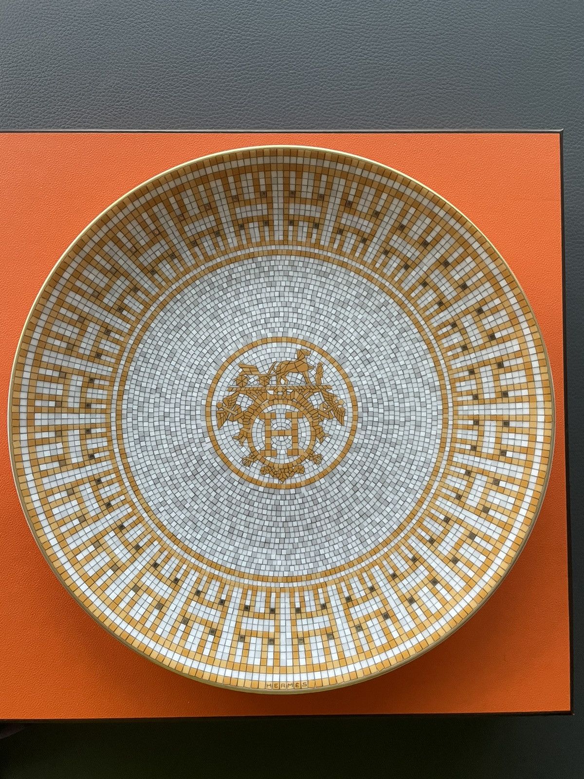 image of Hermes Iconic Classic Super Limited H Logo Mosaique Plate in Gold, Men's
