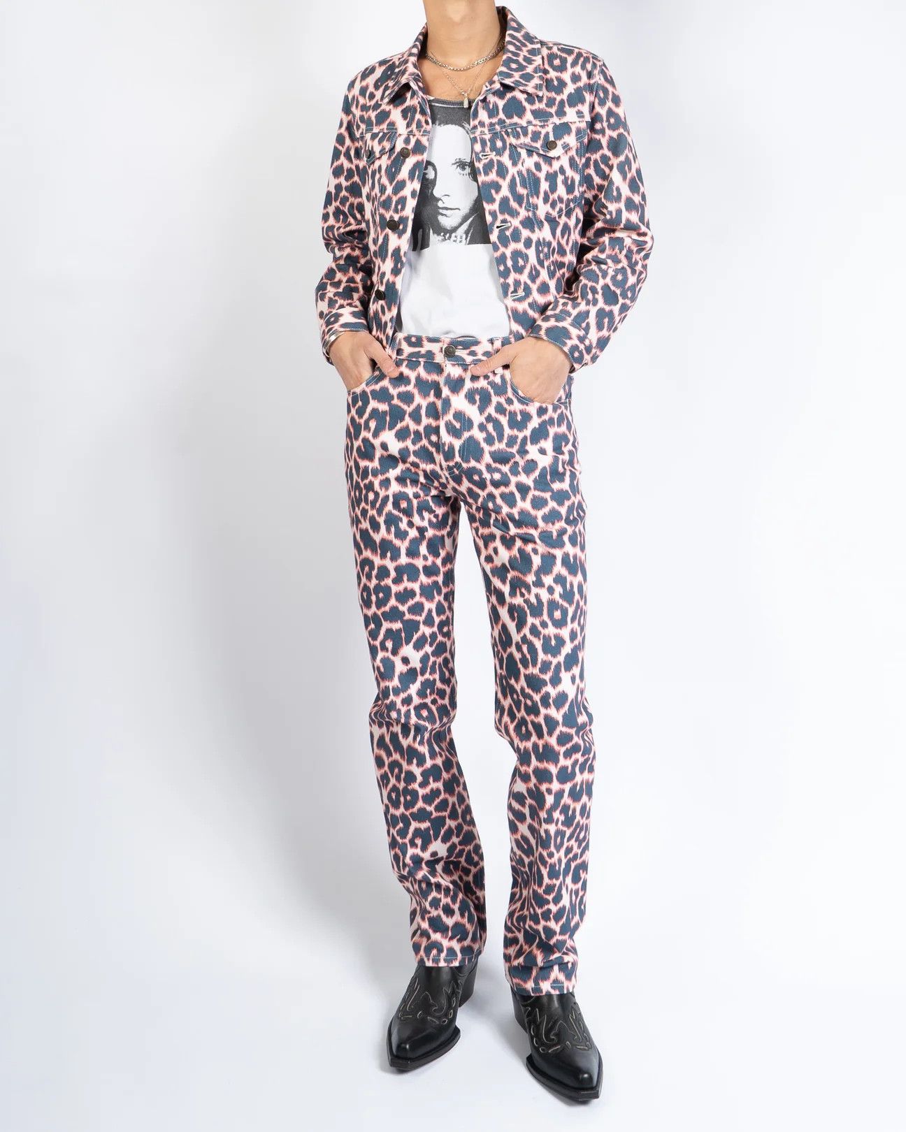 image of Calvin Klein 205W39Nyc x Raf Simons Animal Printed Trousers Leather Patch Denim in Pink (Size 30)