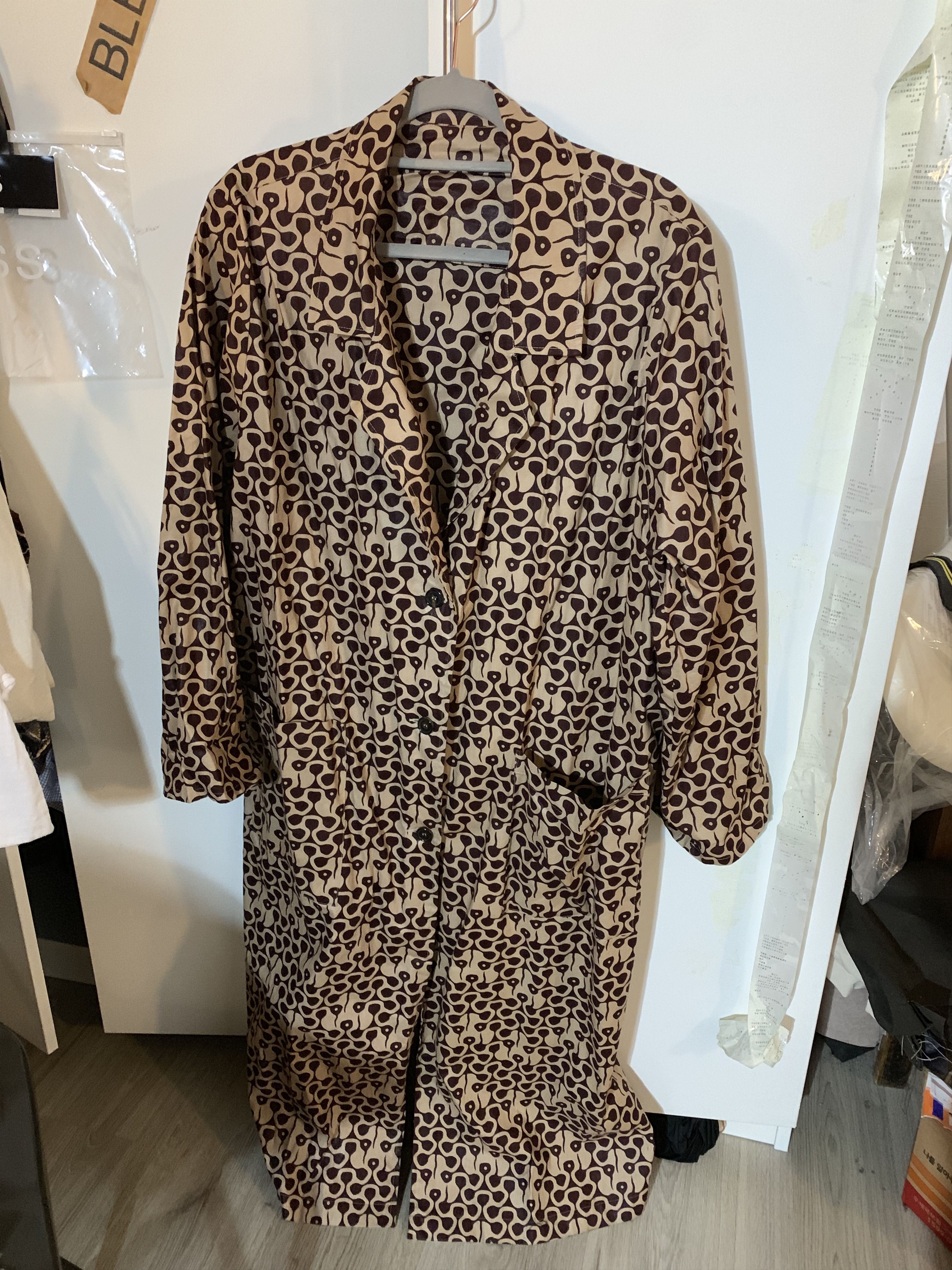image of Bless Nº61 Swimmingtogether - Summer Workcoat in Wax Coated Beige Repeat, Men's (Size Medium)