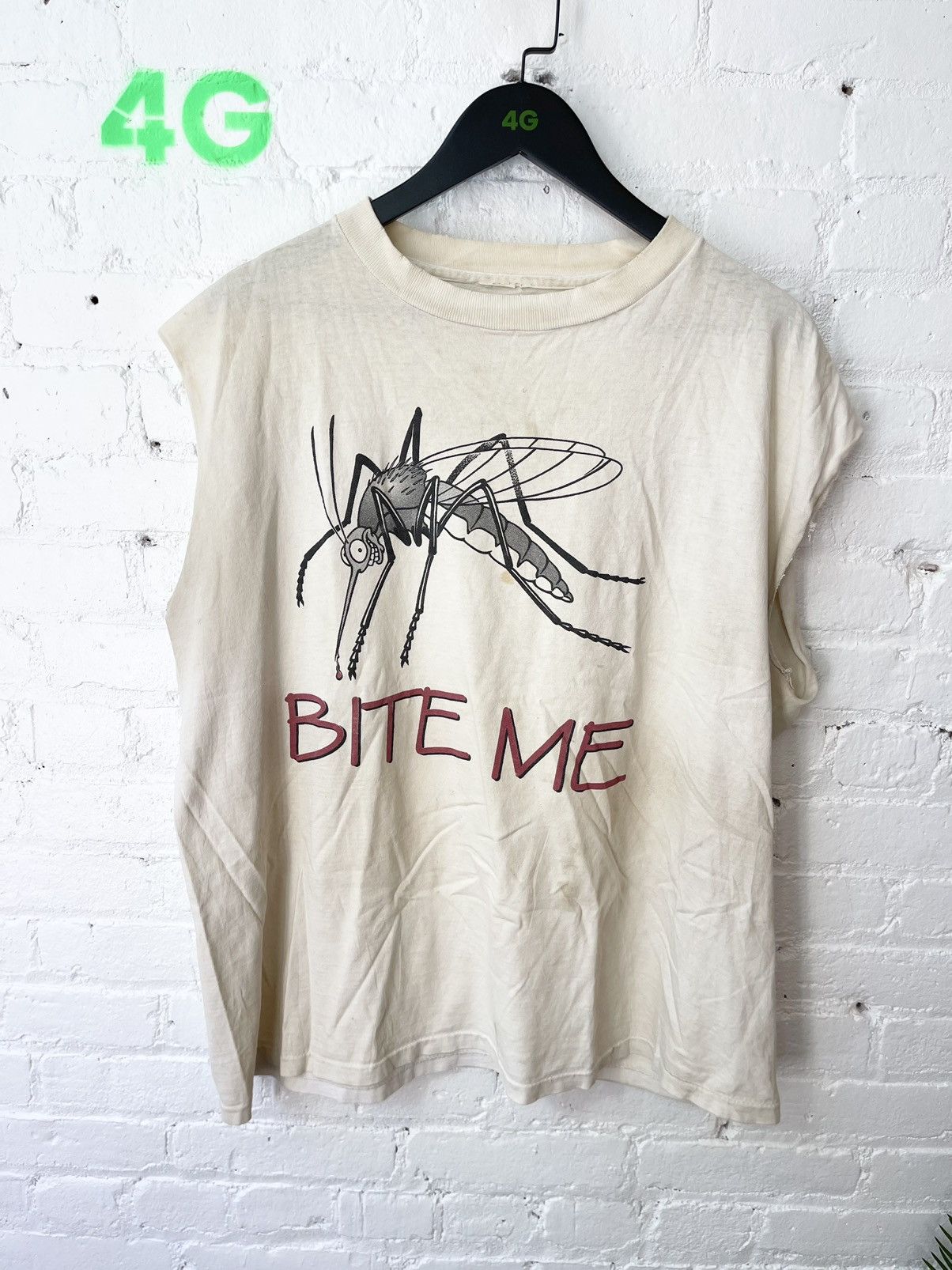 Image of Vintage Thrashed Bite Me! Mosquito Tank Top Shirt in White, Men's (Size XL)