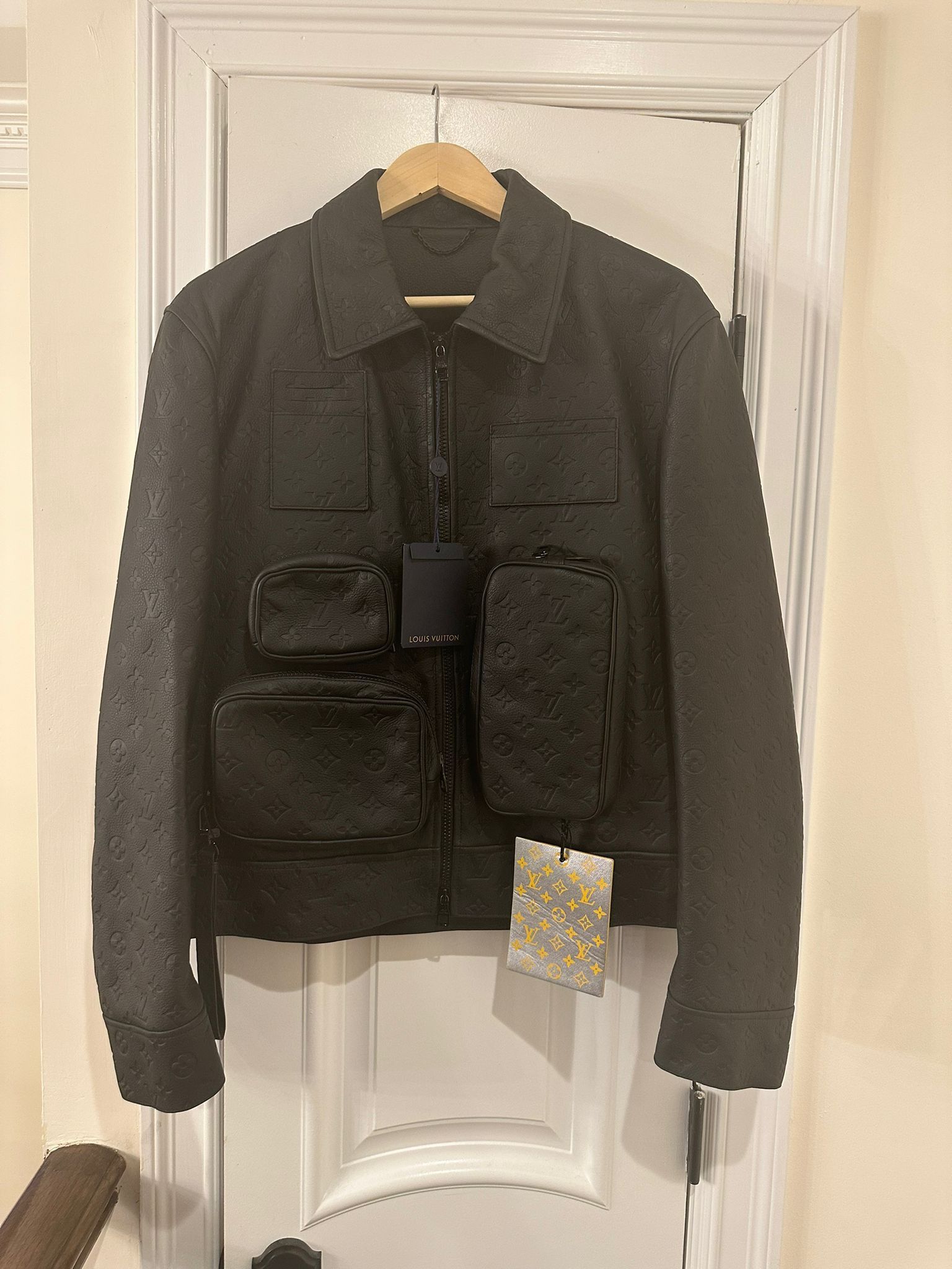 image of Louis Vuitton Paper Monogram Cargo Leather Jacket In Black, Men's (Size Medium)