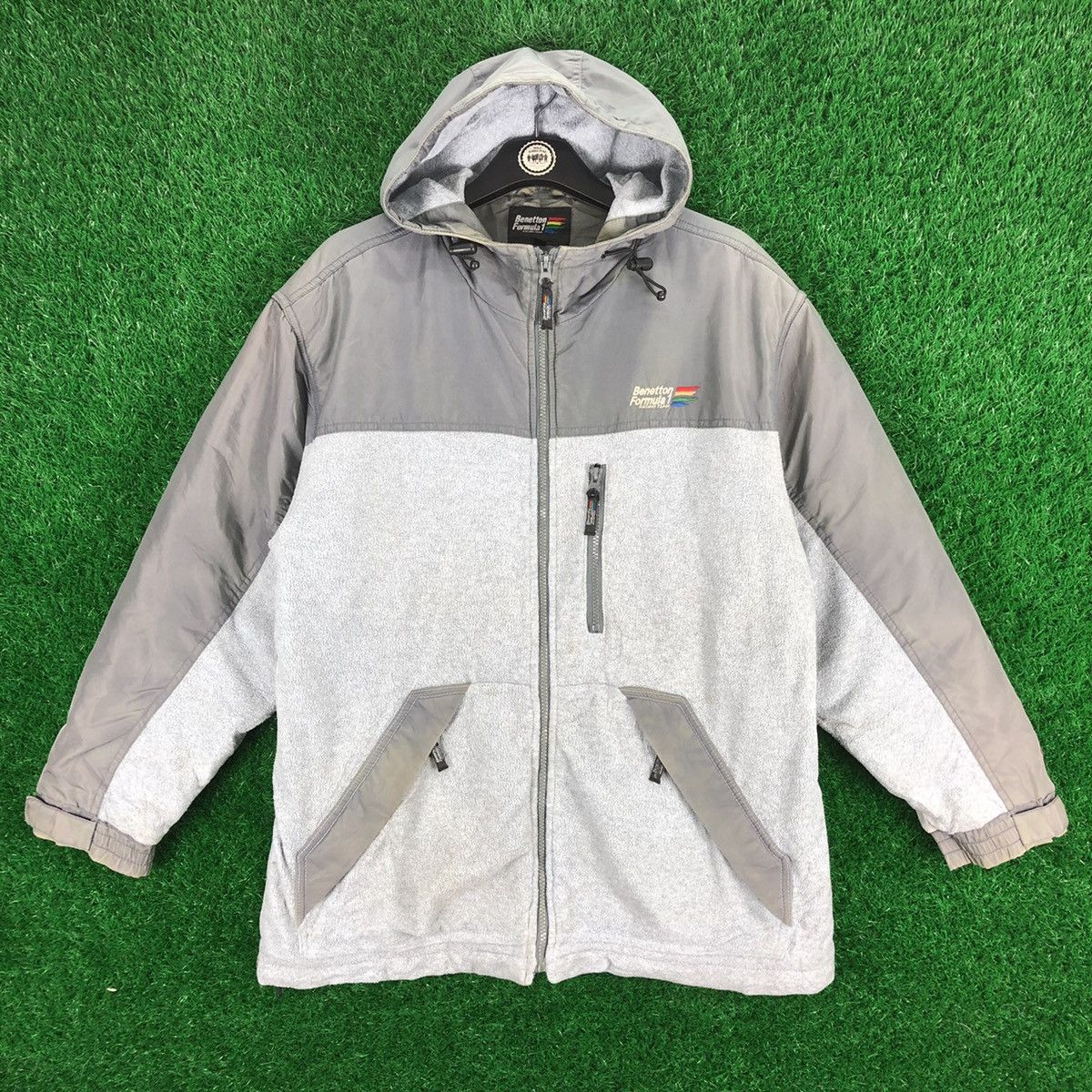 image of Vintage 90's Benetton Formula 1 Racing Team Zipper Sweater in Grey, Men's (Size Large)
