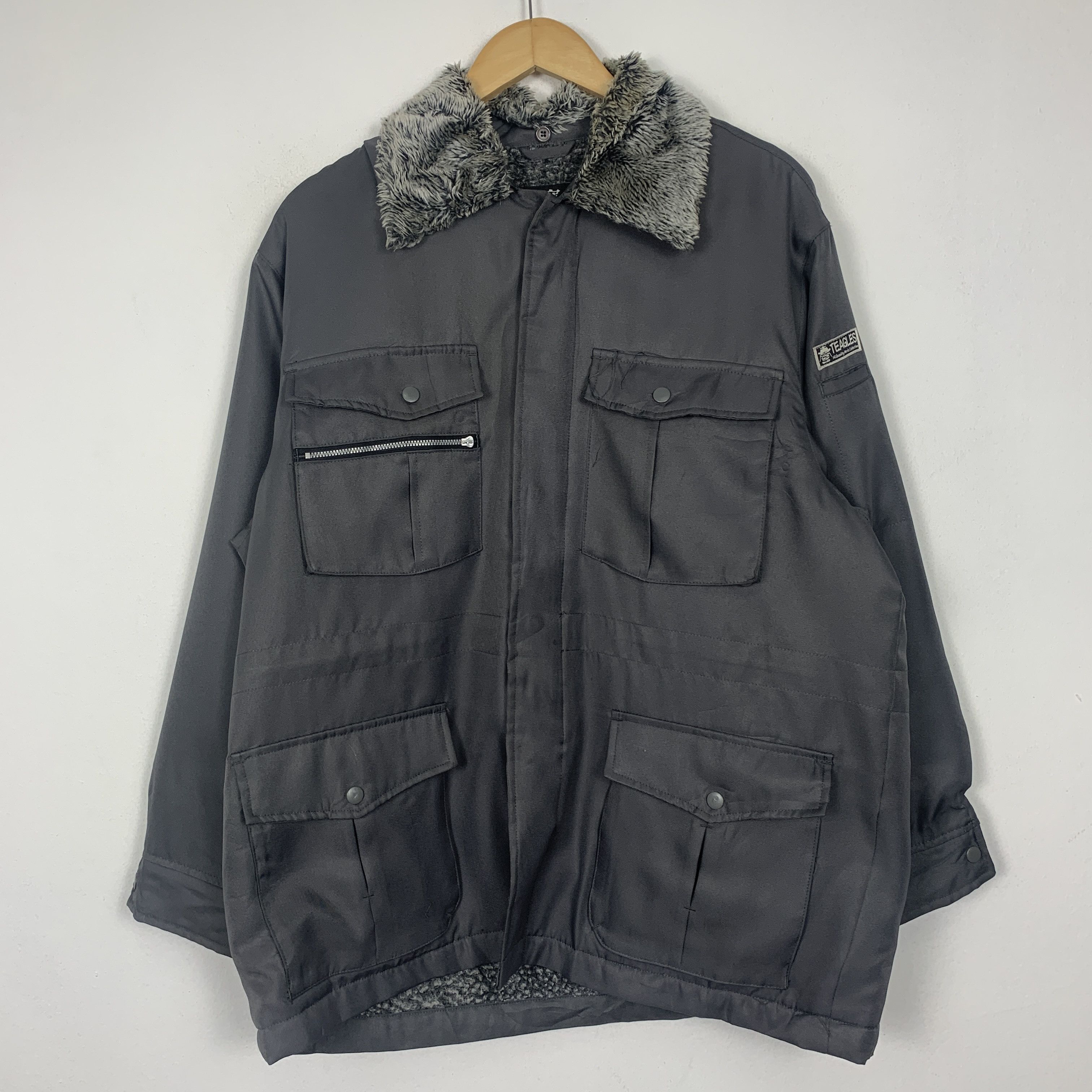image of Vintage Boukan Samurai Fur Collar Zip Sherpa Lining Jacket in Grey, Men's (Size Medium)