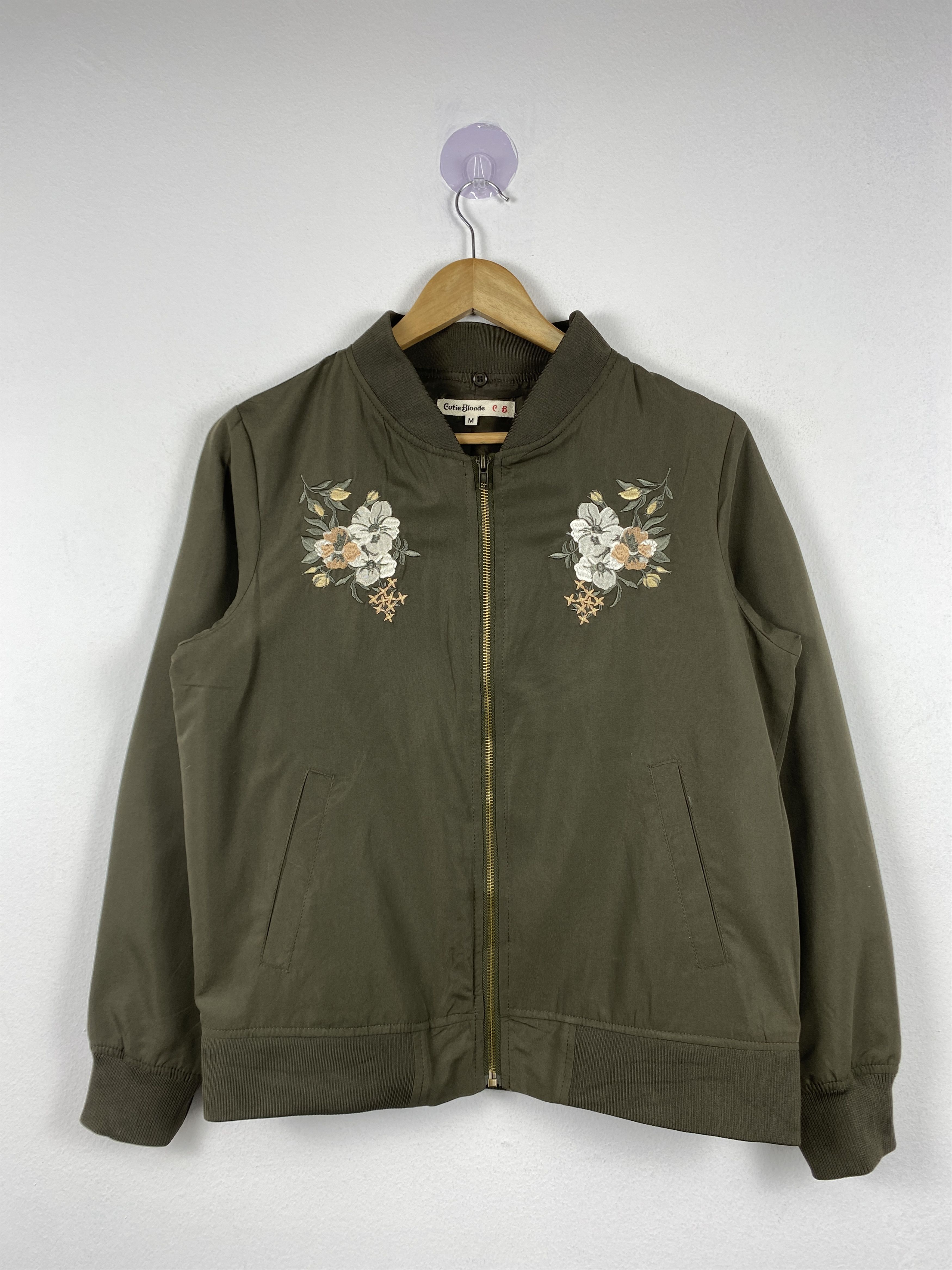 image of Bomber Jacket x Vintage Cutie Blonde Floral Zip Up Bombers Jacket in Dark Green, Women's (Size Medi