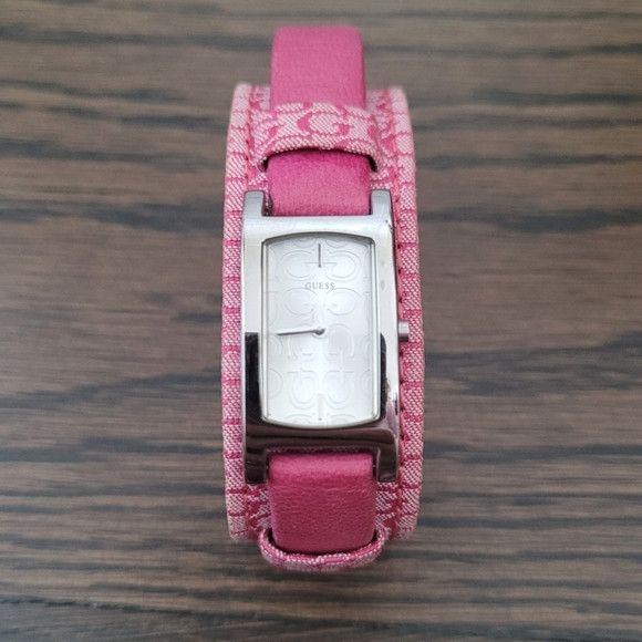Y2K Leather Square-Face Canvas Monogram Analog Watch in Pink/Silver, Women's