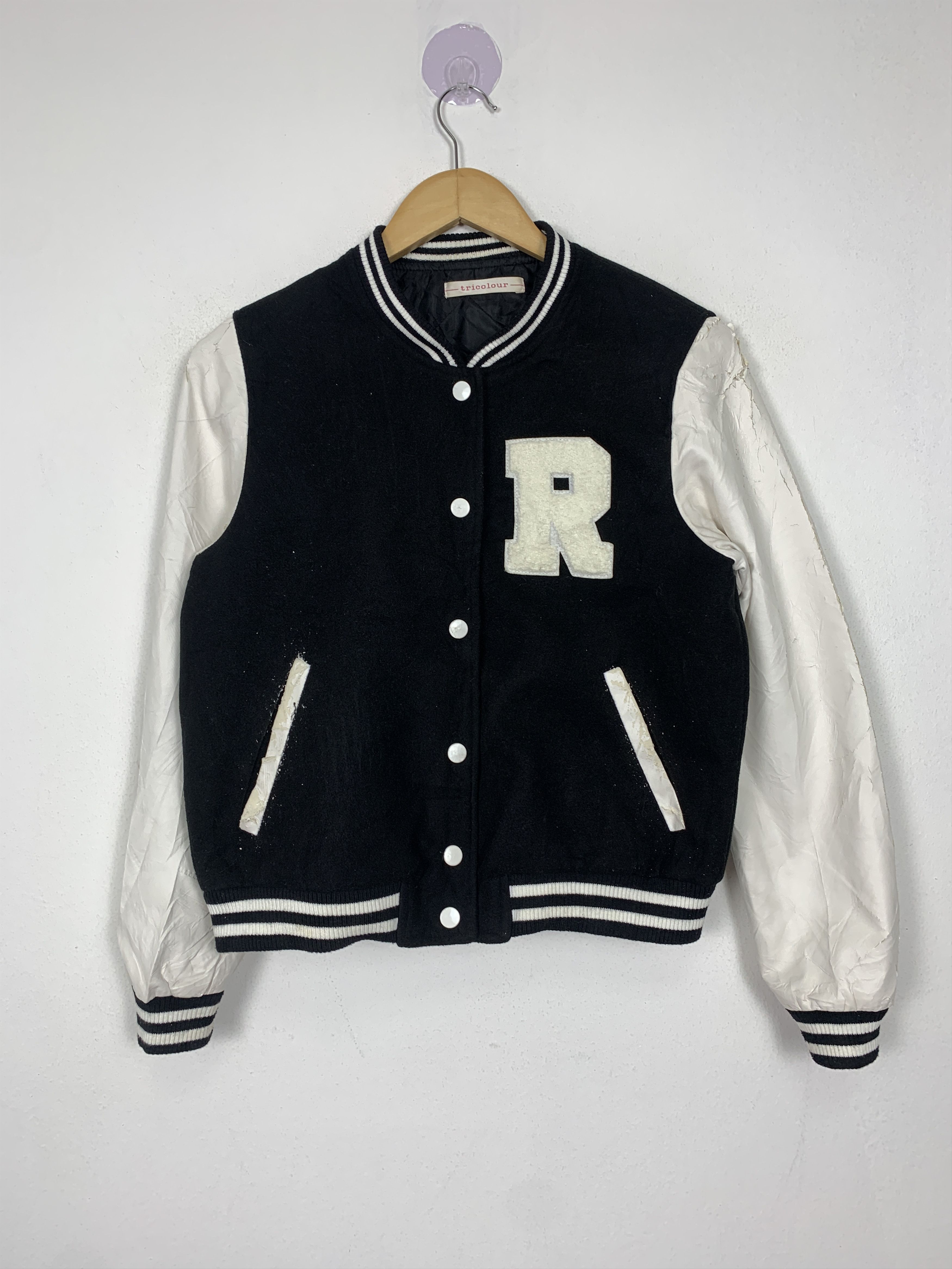 image of Tricolour Button Up Quilted Lining Varsity Jacket in Black White, Men's (Size Small)
