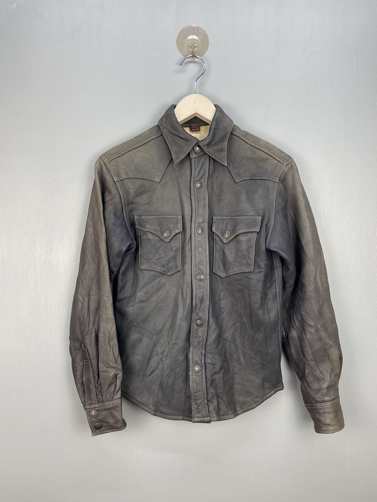 image of The Flat Head Leather Western Snap Button Jacket Motorcycle in Blue, Men's (Size Small)