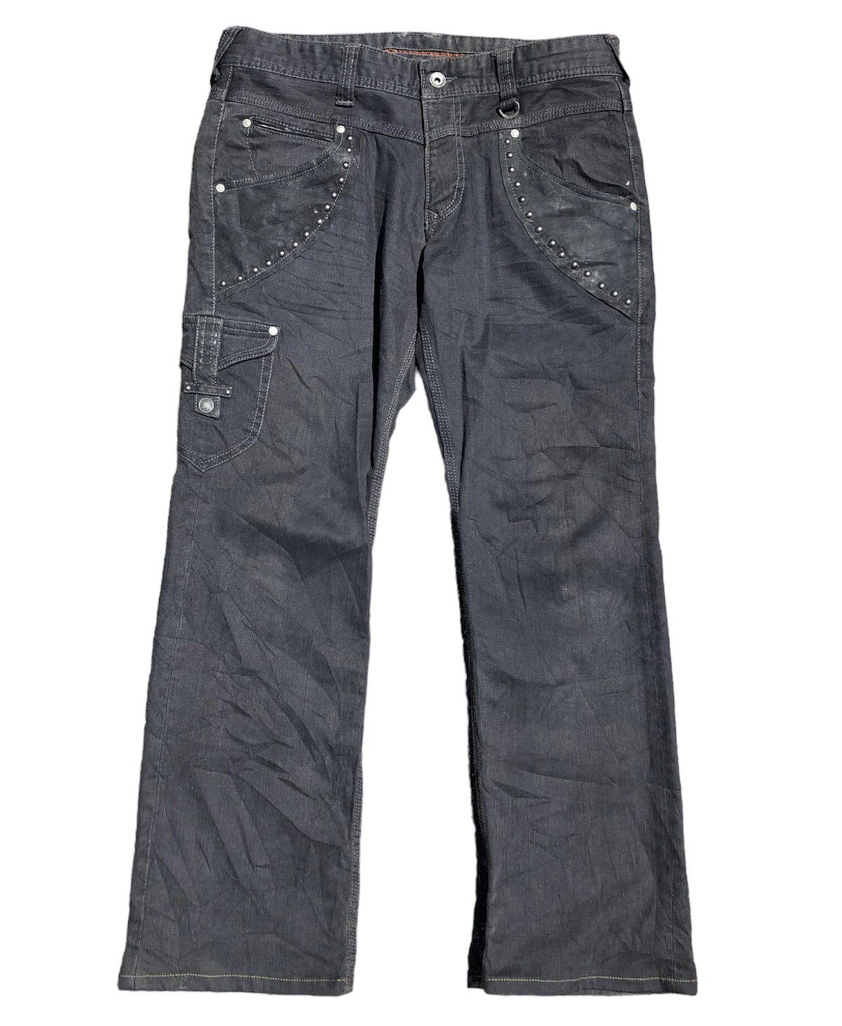 Pre-owned If Six Was Nine X Kmrii Nicole Club For Men Studded Leather Pocket Flare Denim Pants In Grey Denim