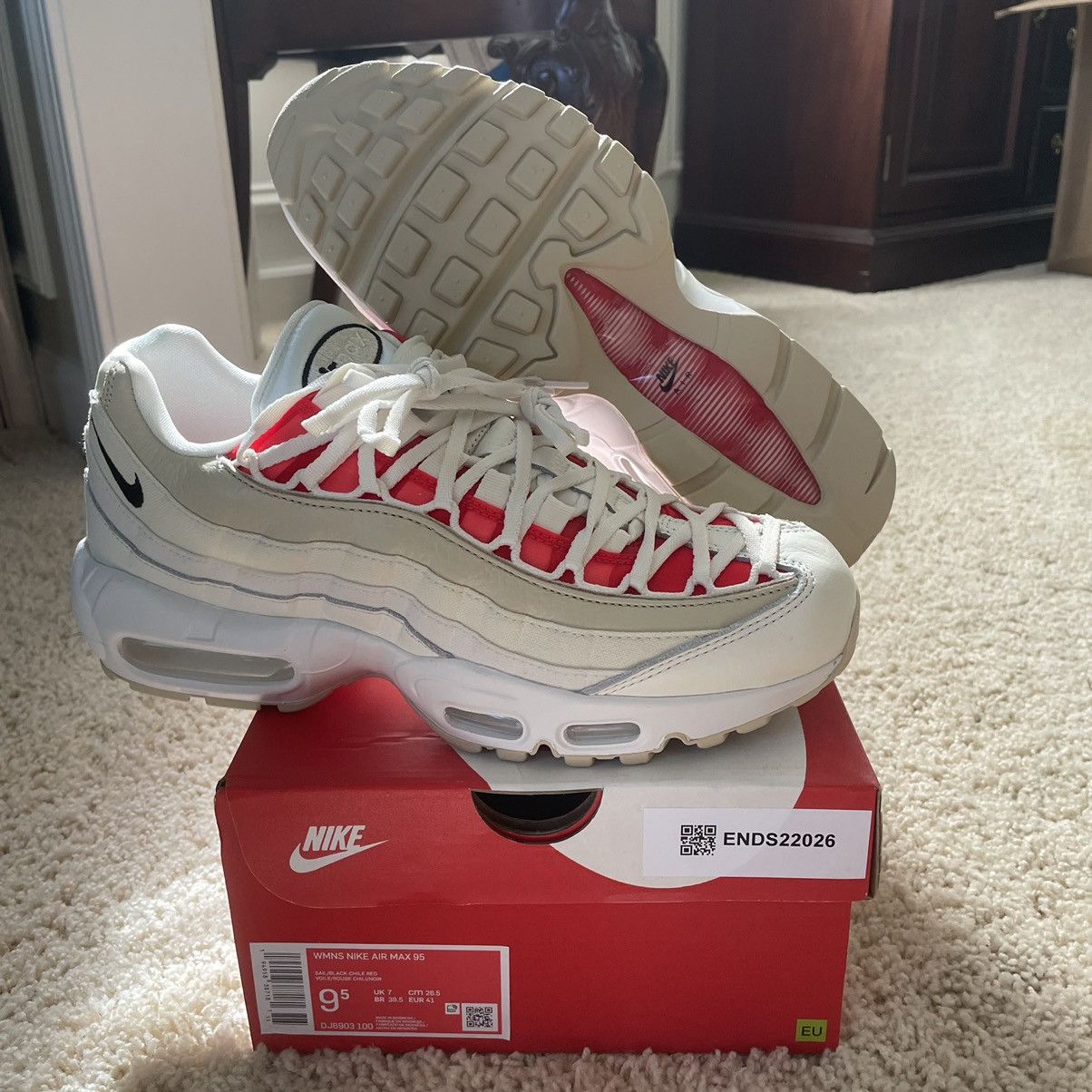 image of Nike Air Max 95 Double Lace Sail Coconut Milk Chile Red Shoes, Women's (Size 9.5)