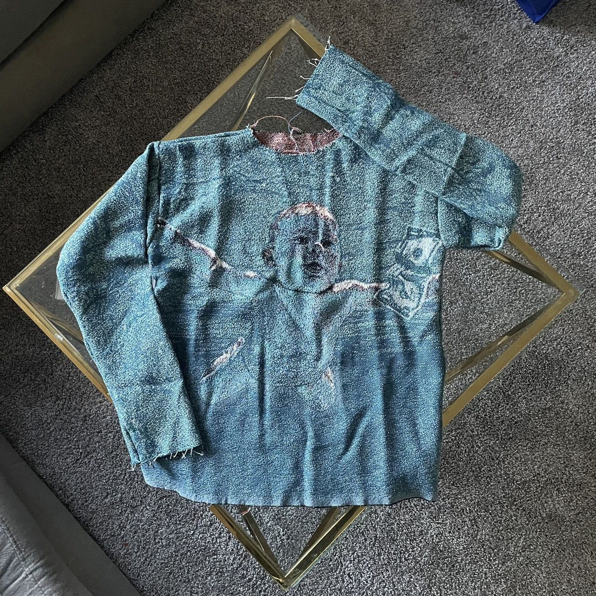 image of 4X1111 x Kurt Cobain 1/1 Sample Tapestry Crewneck 1991 Nirvana Nevermind in Ocean Blue (Size XL)