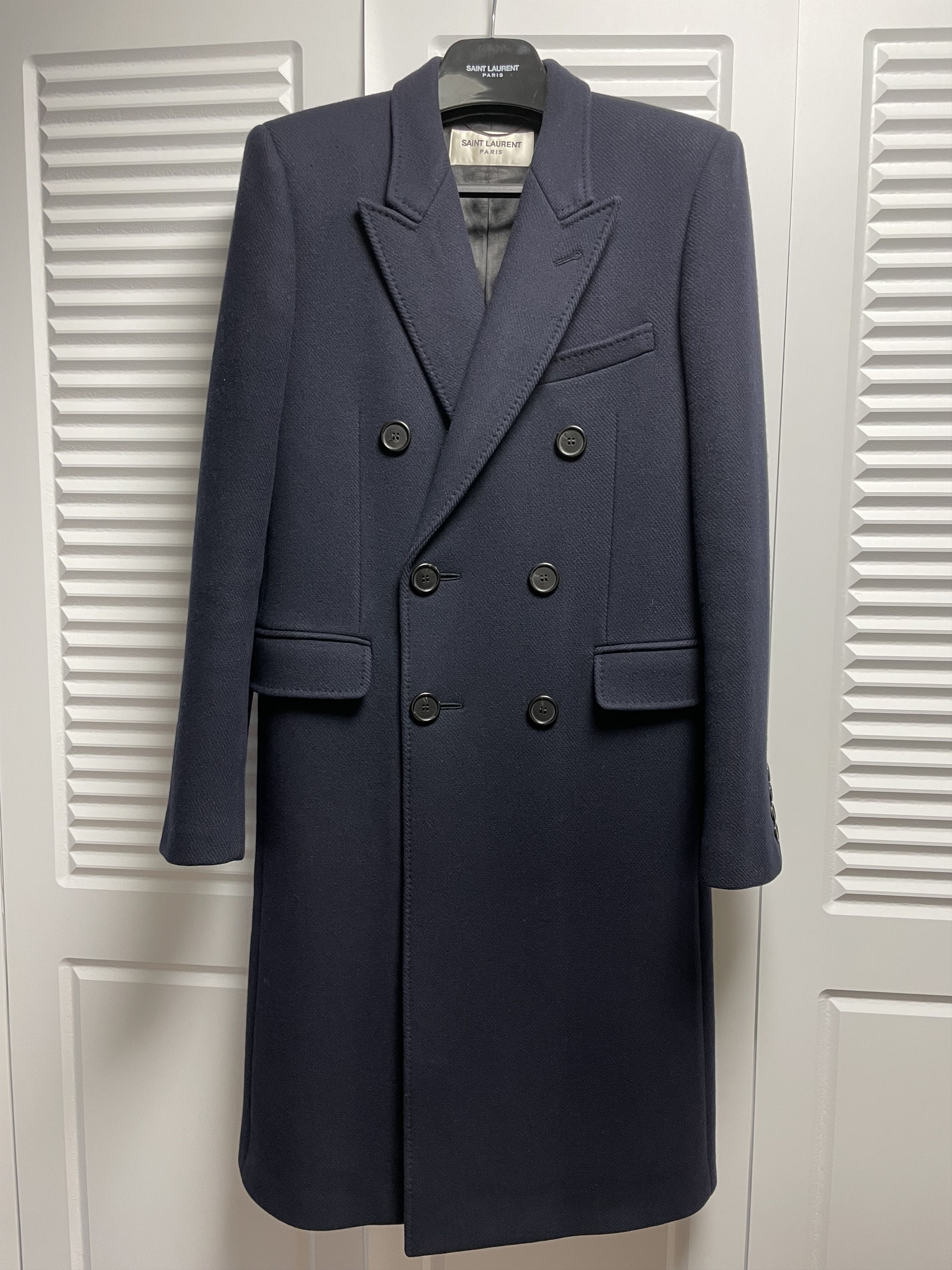 Image of Saint Laurent Paris Fw16 Double Breasted Wool Cashmere Long Coat in Navy, Men's (Size Small)