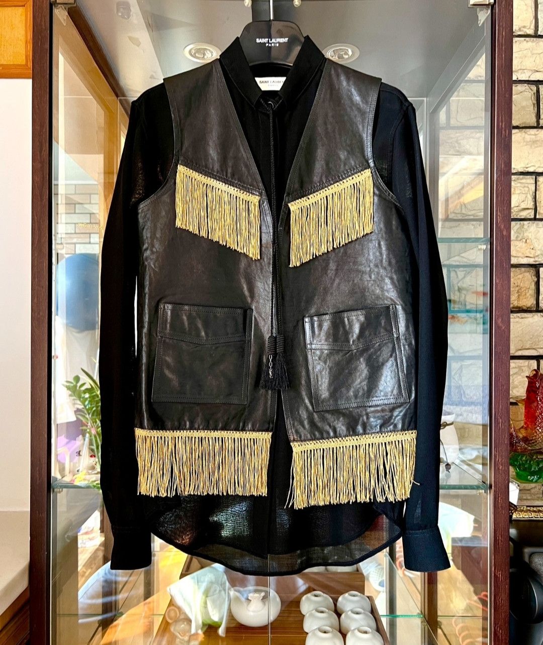 Suede leather waistcoat with gold thread and tassels