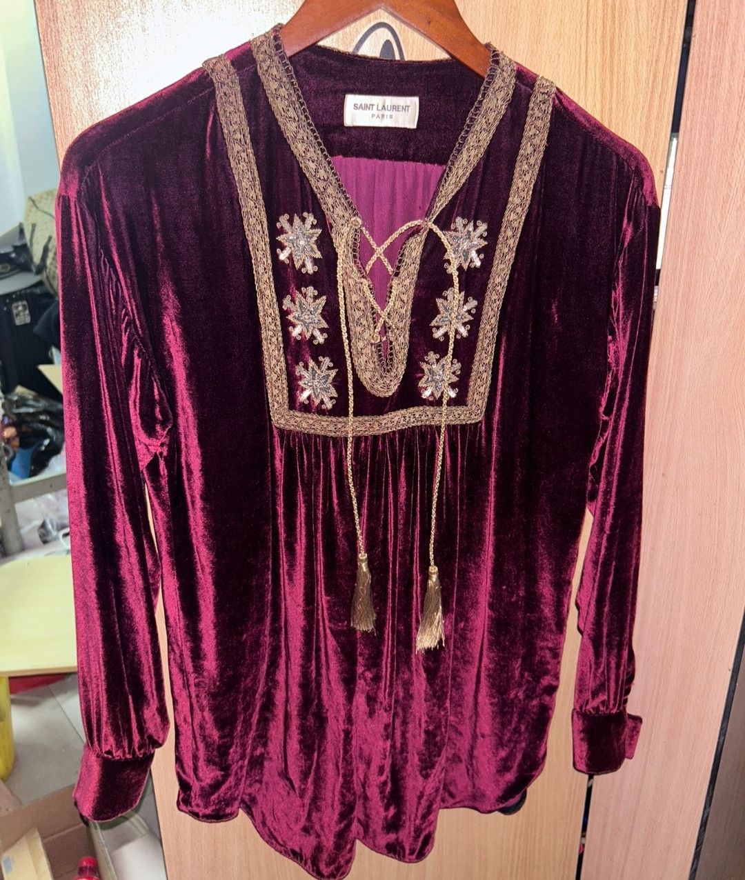 image of Saint Laurent Paris Saint Laurent 15Ss Burgundy Velvet Smocked Shirt in Burgandy (Size Medium)