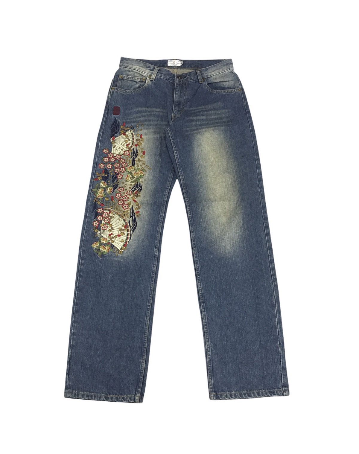 image of Sukajan Souvenir Jacket Karakuri Japan Embroidery Sukajan Jeans in Blue, Men's (Size 30)