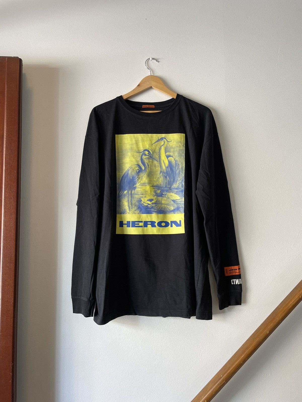 image of Heron Preston Yellow Flamingo Logo Long Sleeve in Black, Men's (Size Medium)
