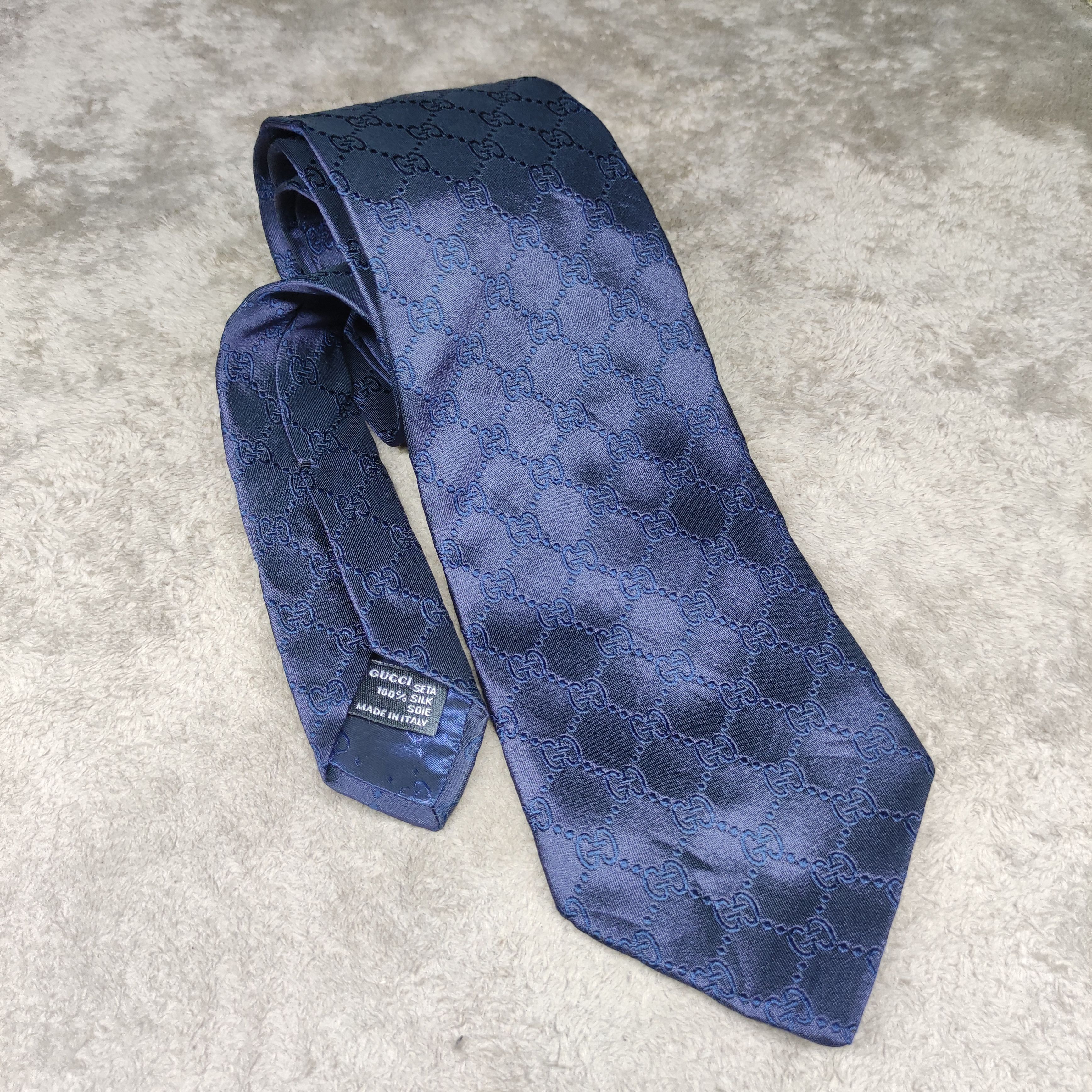image of Gucci "gg" Monogram Pattern Silk Tie In Blue Navy in Bleu Navy, Men's