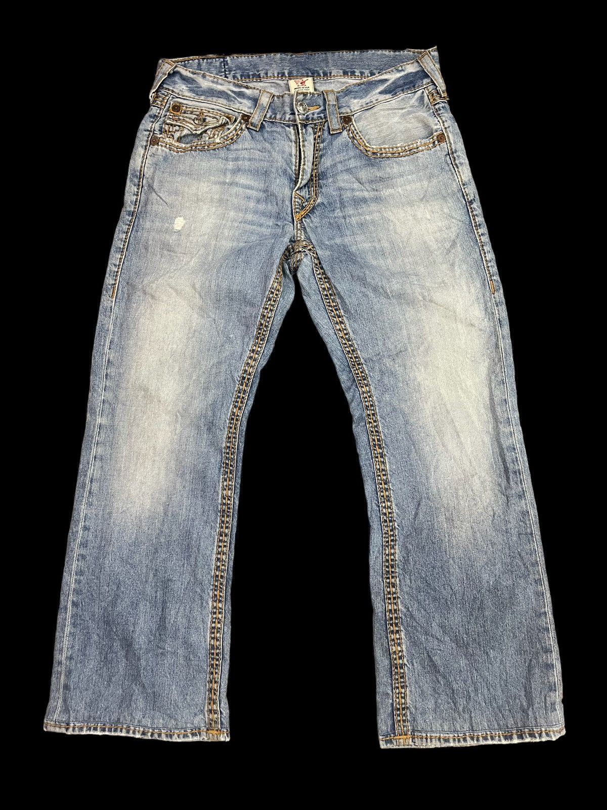 image of Distressed True Religion Flared Jeans Size 33 Boot Cut in Blue, Men's