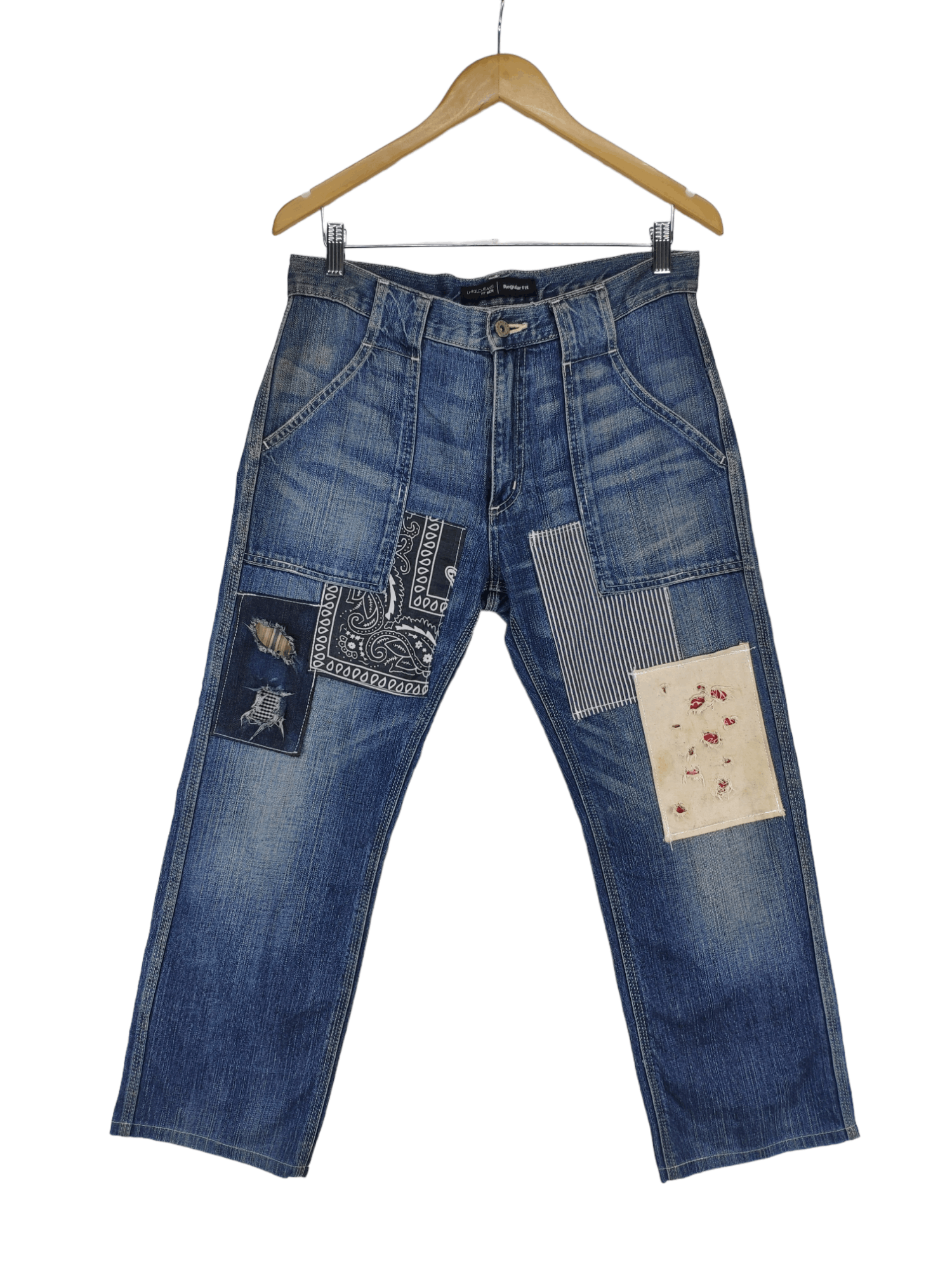 Japanese Brand Uniqlo Bush Pants Patchwork Jeans Custom Made Kapital Style Size US 33 - 1 Thumbnail
