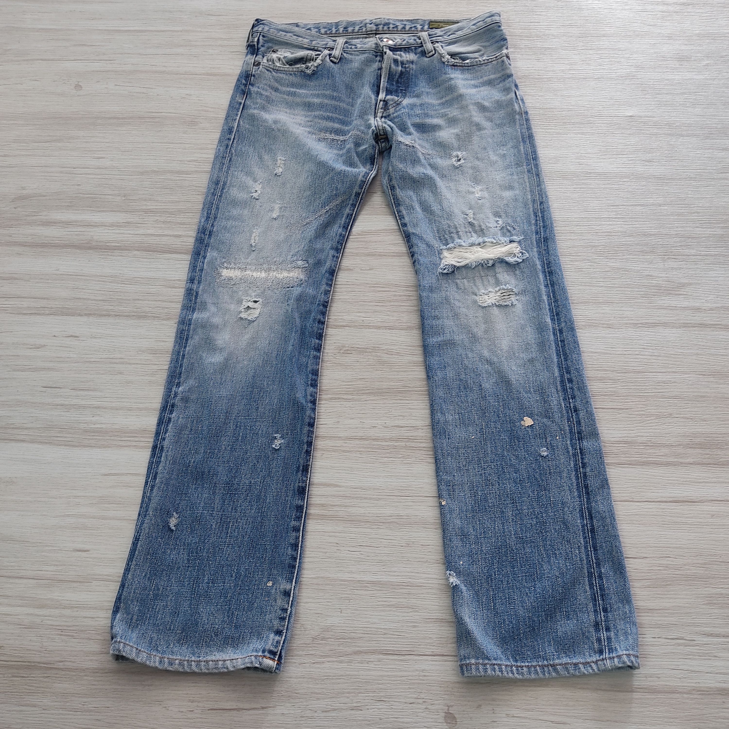 Japanese Brand Green BOWLES Co. Ltd Distressed Thrashed Selvedge Denim Size US 30 / EU 46 - 7 Thumbnail
