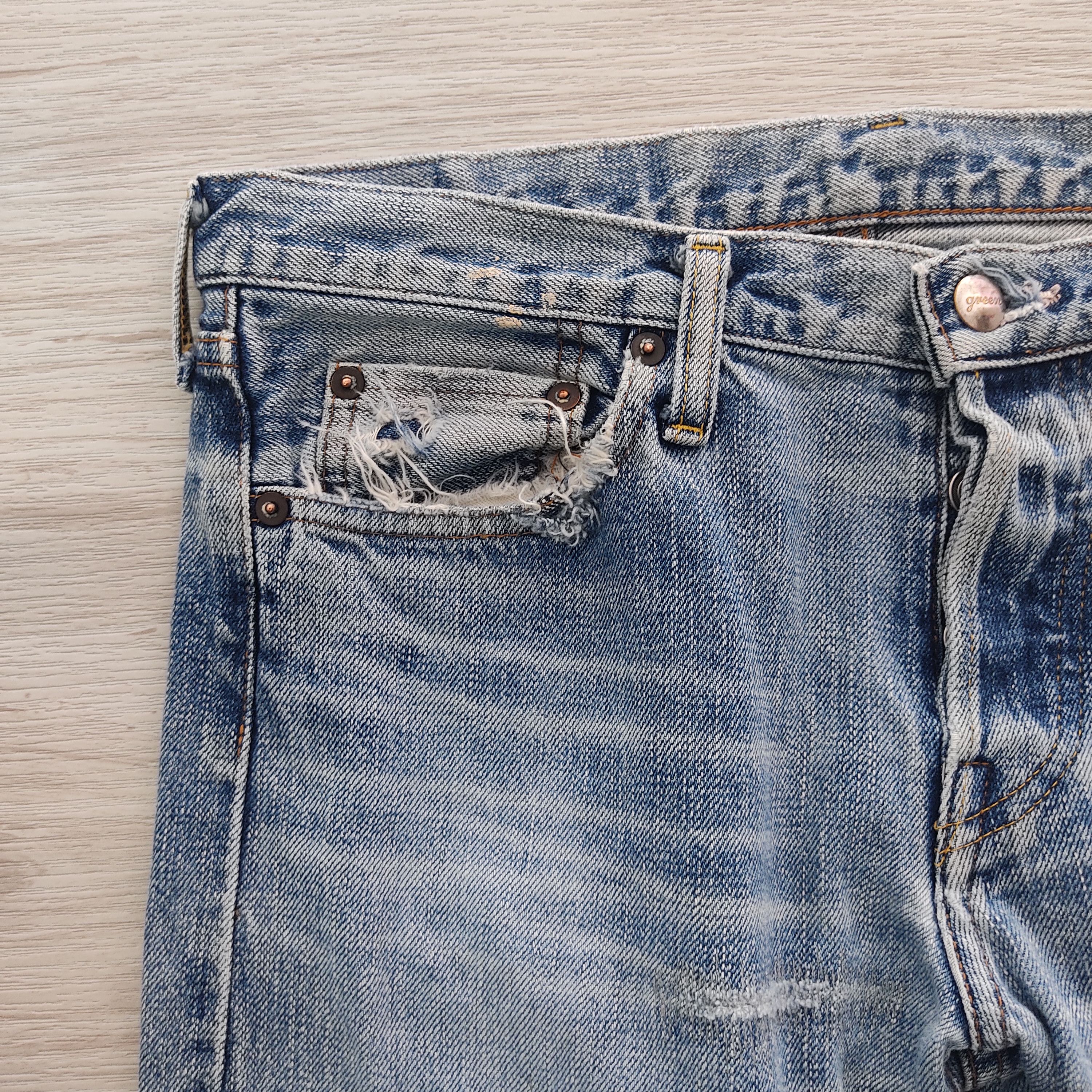 Japanese Brand Green BOWLES Co. Ltd Distressed Thrashed Selvedge Denim Size US 30 / EU 46 - 4 Thumbnail