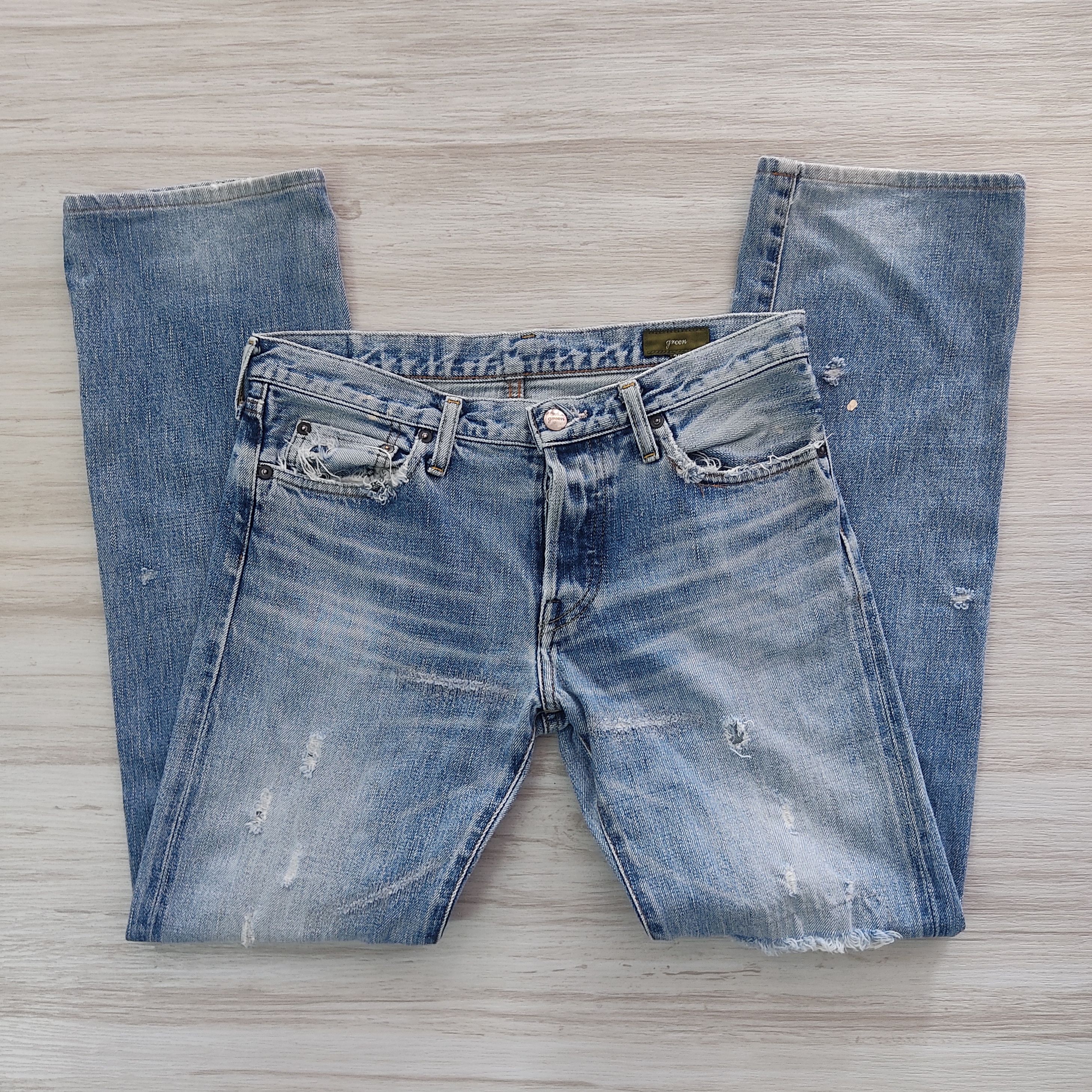 Japanese Brand Green BOWLES Co. Ltd Distressed Thrashed Selvedge Denim Size US 30 / EU 46 - 8 Thumbnail