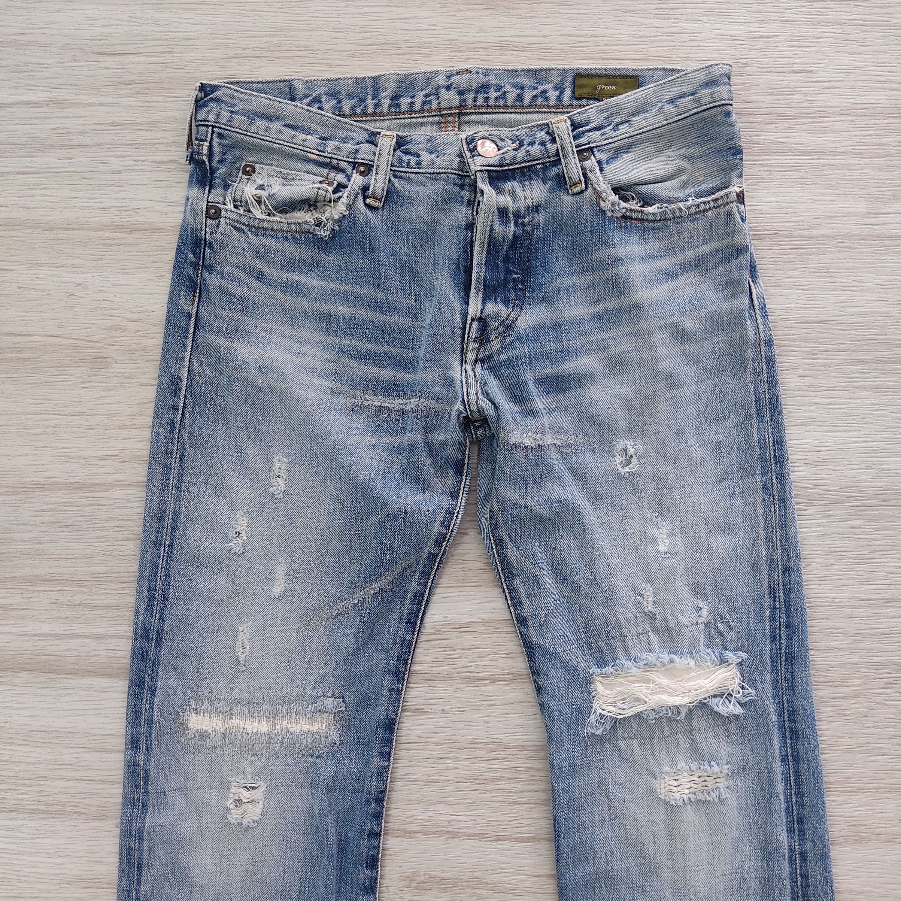 Japanese Brand Green BOWLES Co. Ltd Distressed Thrashed Selvedge Denim Size US 30 / EU 46 - 5 Thumbnail