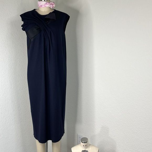 Lanvin Paris 2008 Wool Pleated Bow Midi Dress