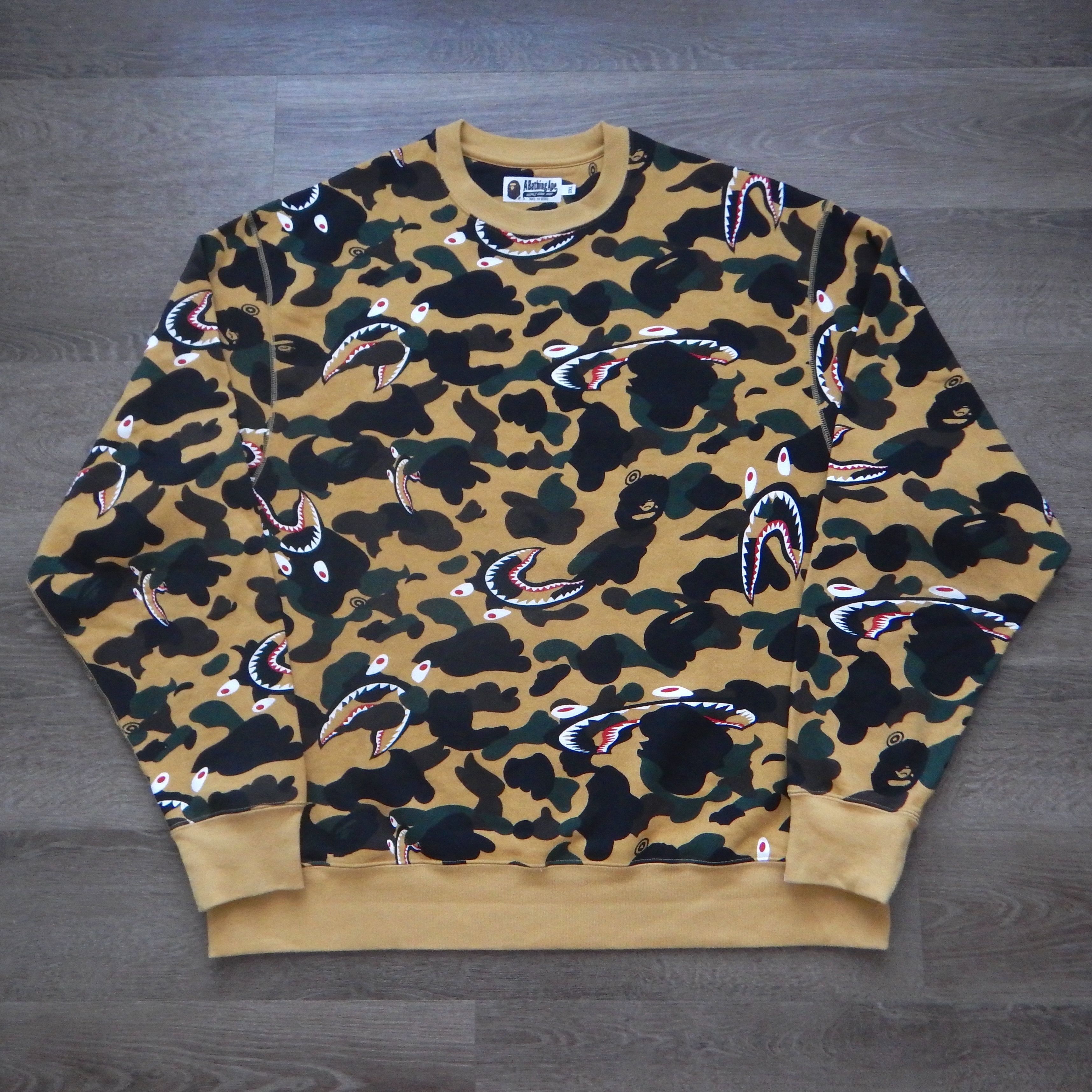 Image of Fw20 Bape 1St Yellow Camo Shark Pattern Crewneck Sweatshirt, Men's (Size 2XL)