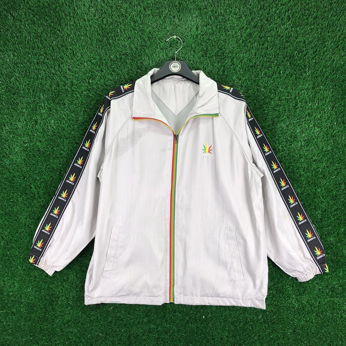 image of Vintage Jamaica Weed Side Tape Nylon Zipper Sweater in Grey, Men's (Size Large)
