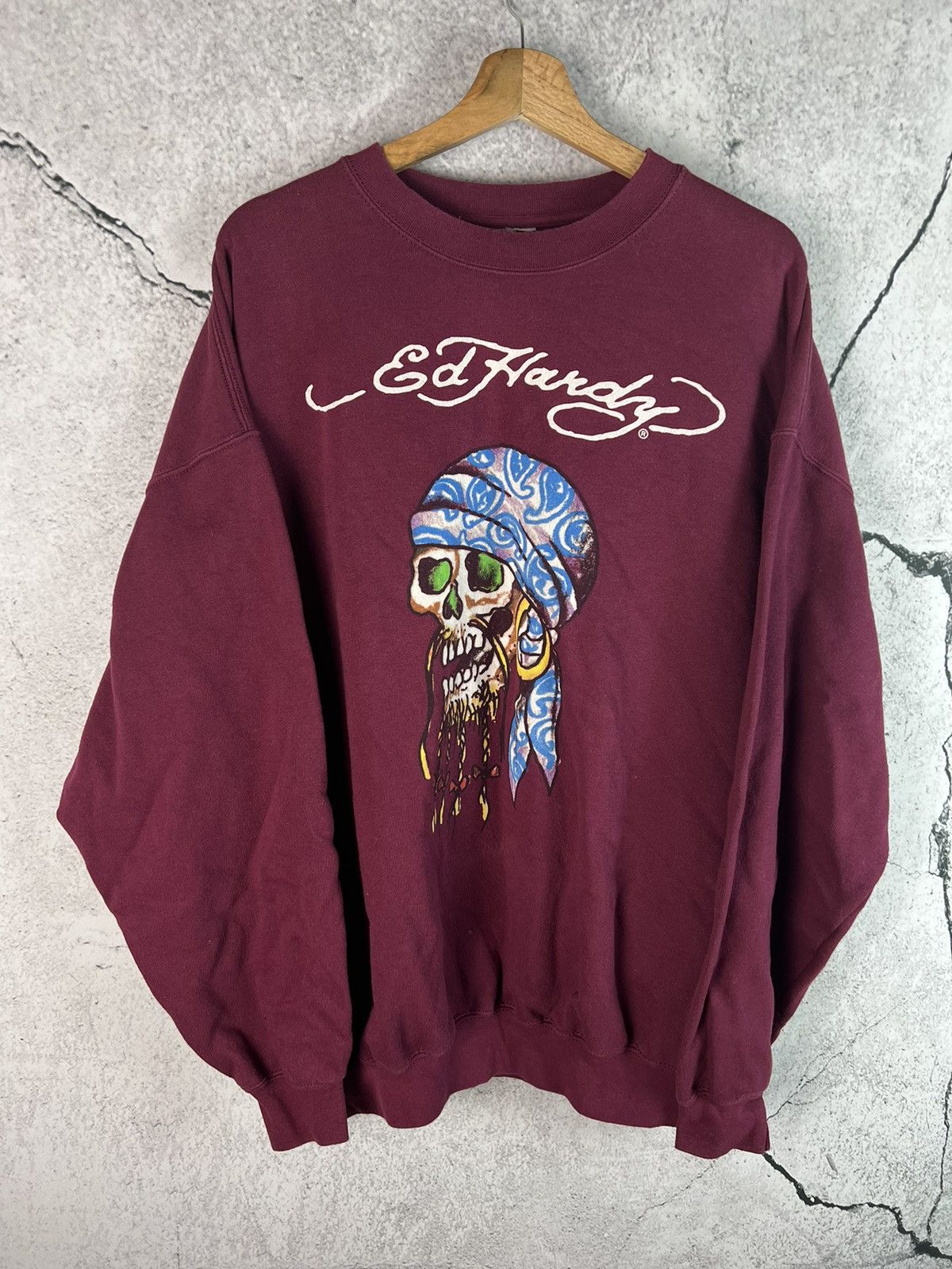 image of Christian Audigier x Ed Hardy Pirate Skull Skeleton Boxy Sweatshirt in Red, Men's (Size XL)