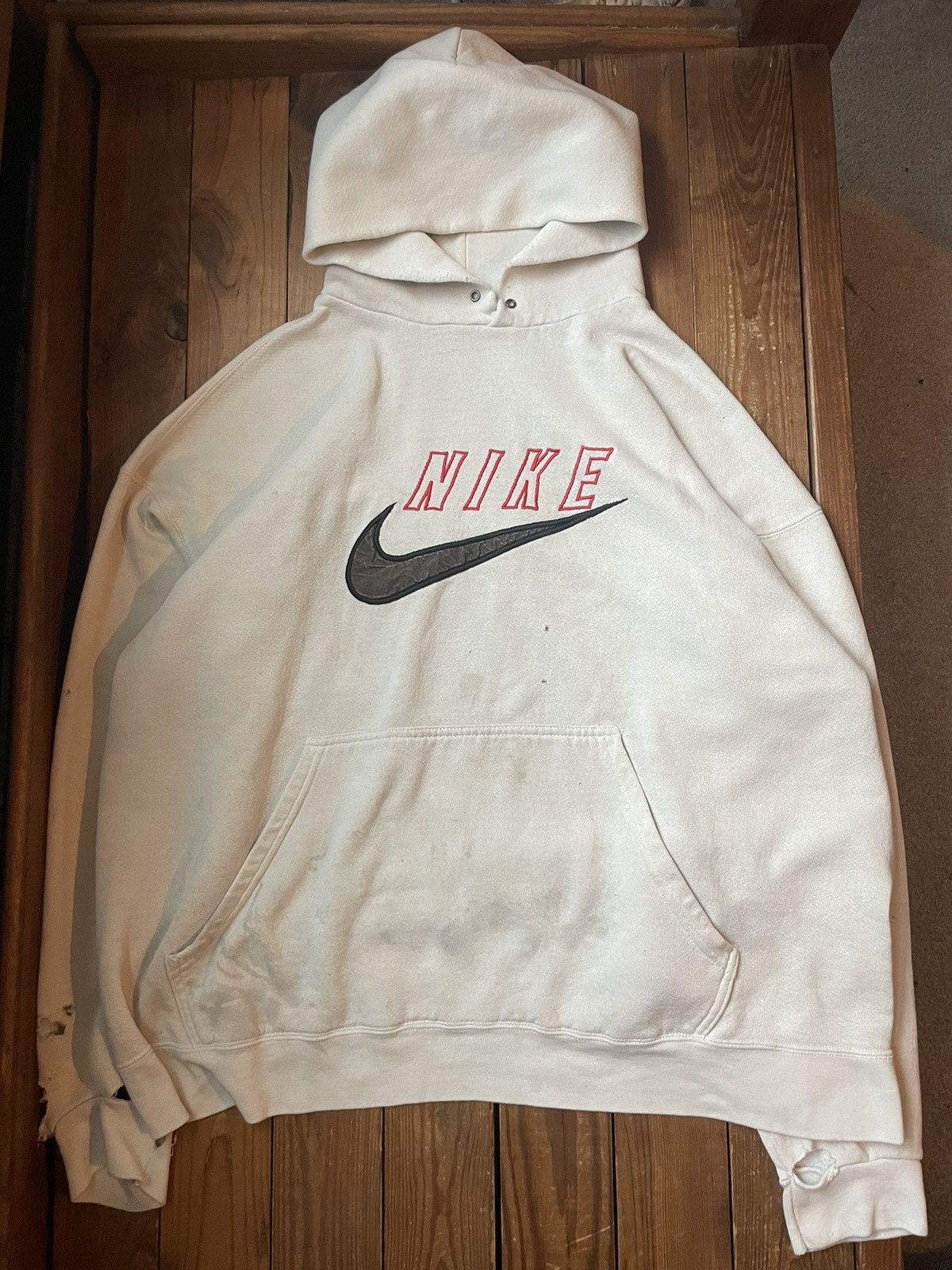 Vintage 90s Nike Embroidered Swoosh Cream Hoodie Sweatshirt