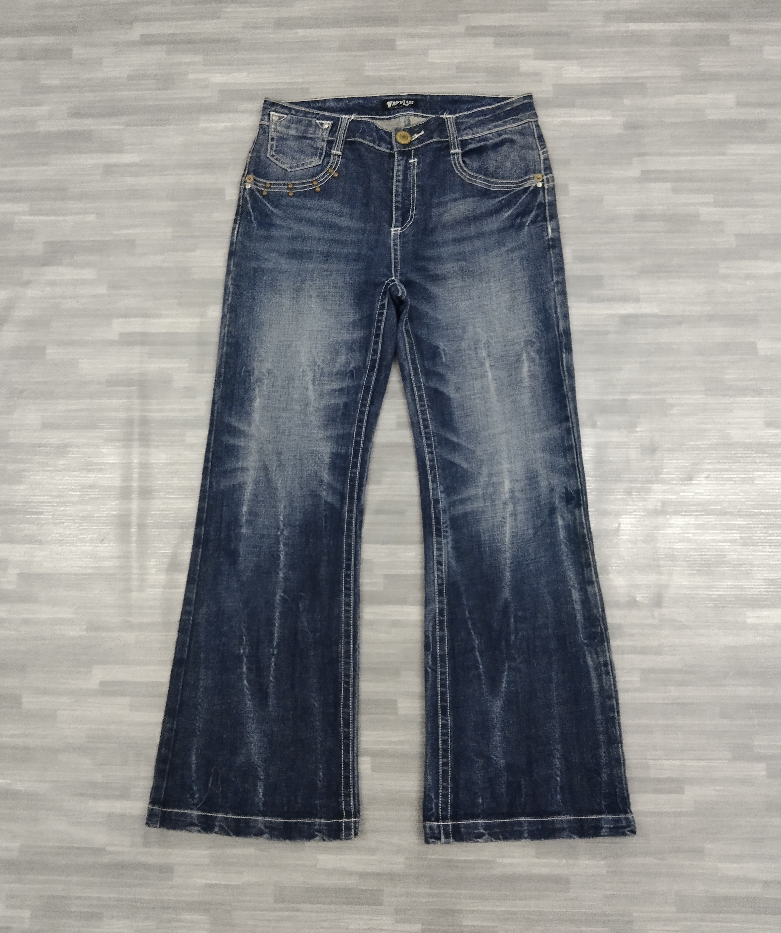 Japanese Brand FLARE🔥WASHED BLUE STUDDED WAVE LIST DENIM PANTS Size US 32 / EU 48 - 2 Thumbnail