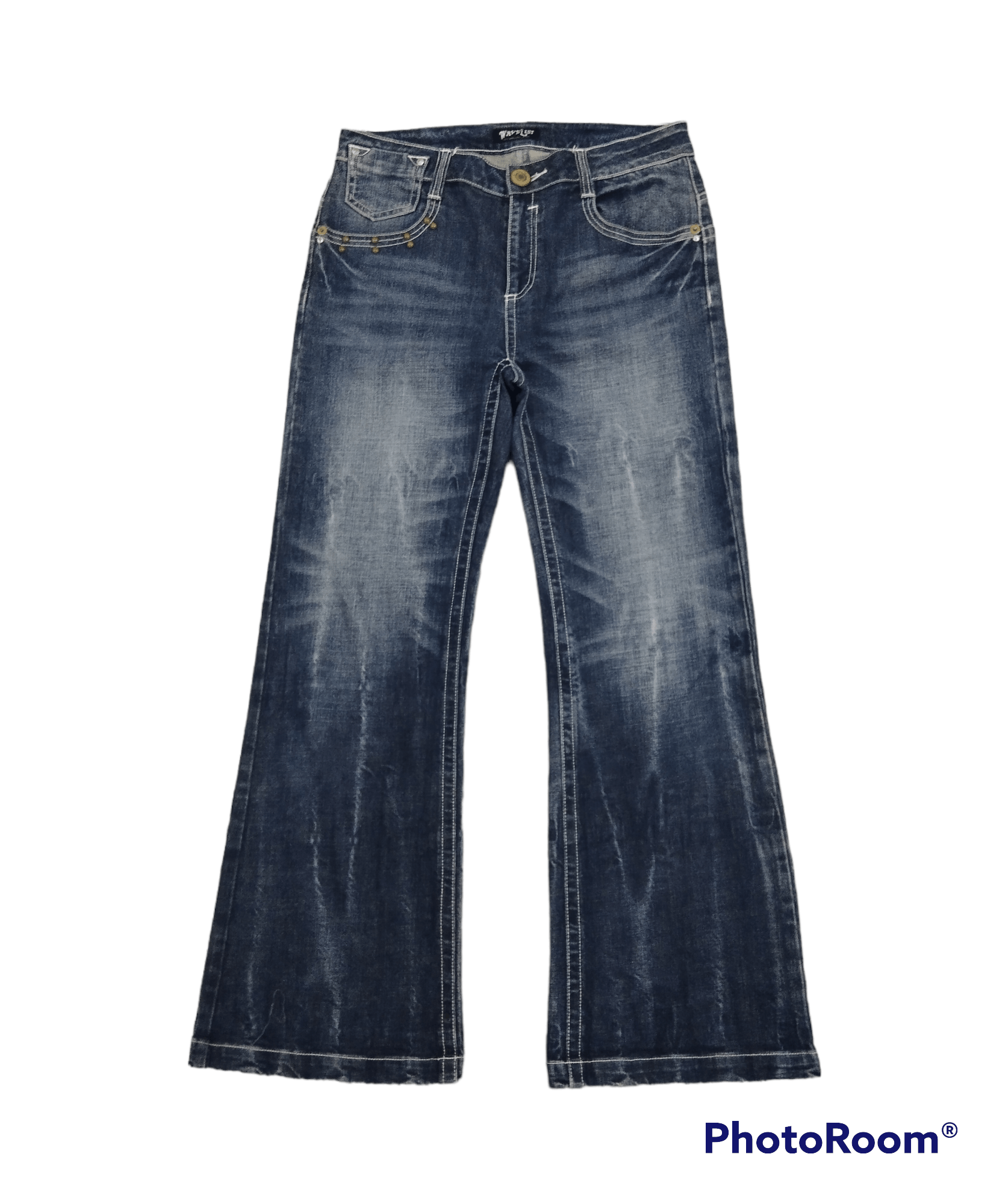 Japanese Brand FLARE🔥WASHED BLUE STUDDED WAVE LIST DENIM PANTS Size US 32 / EU 48 - 1 Thumbnail