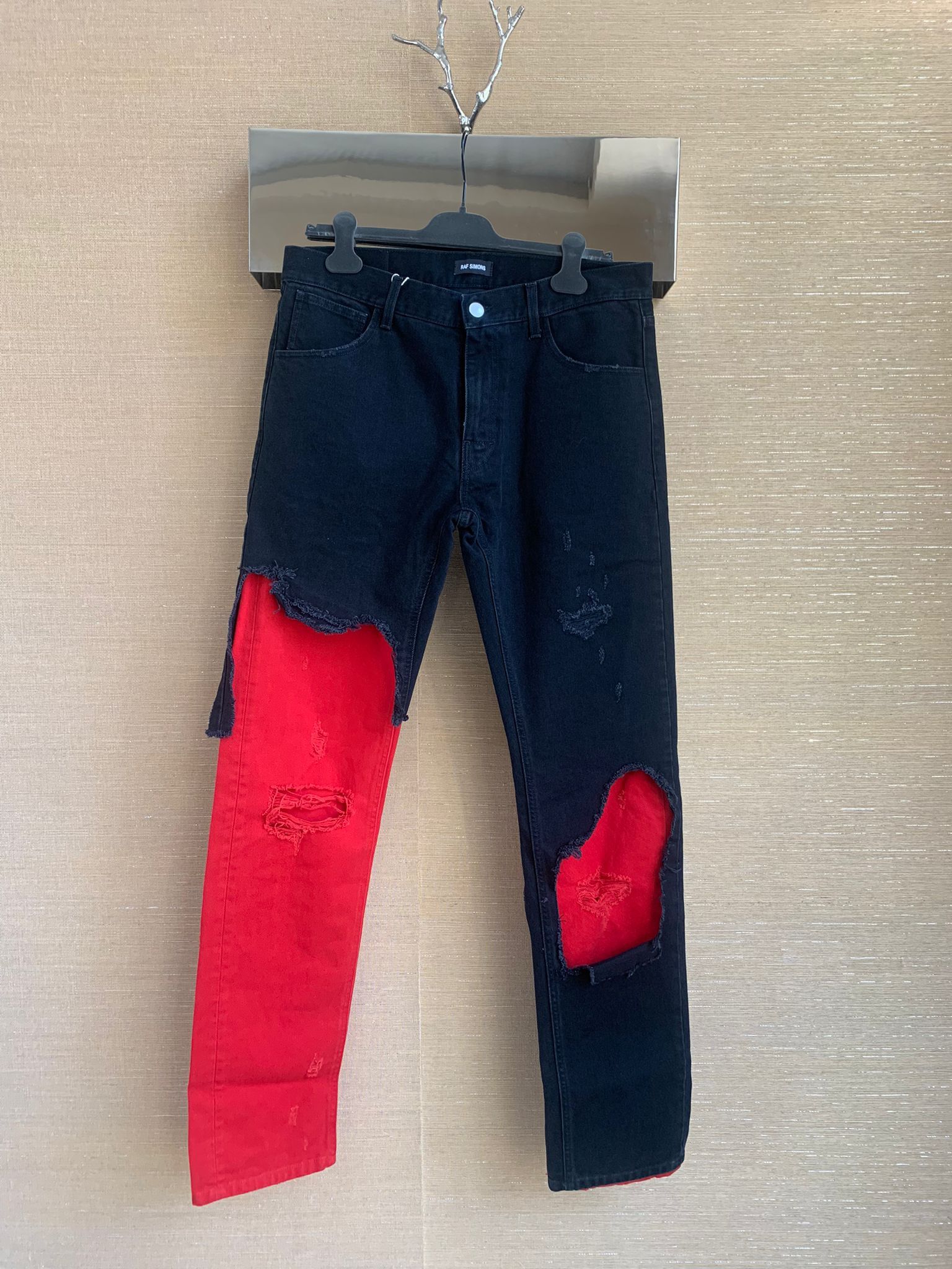 image of Raf Simons Aw19 Slim Destroyed Denim In Black Red, Men's (Size 34)